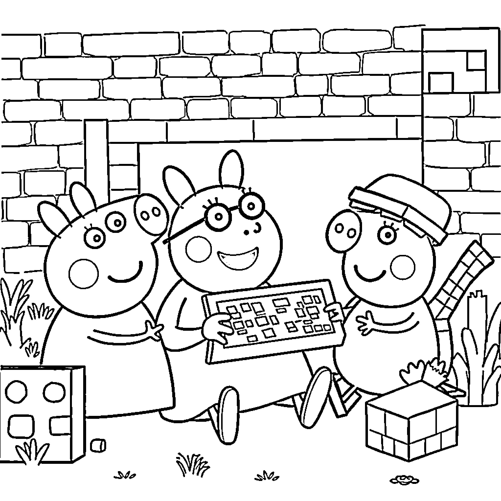 Peppa Pig and friends using technology in the park Coloring Page (free black-and-white line drawing printable PDF for all, from beginners to advanced learners, including children, teens, adults, and seniors)