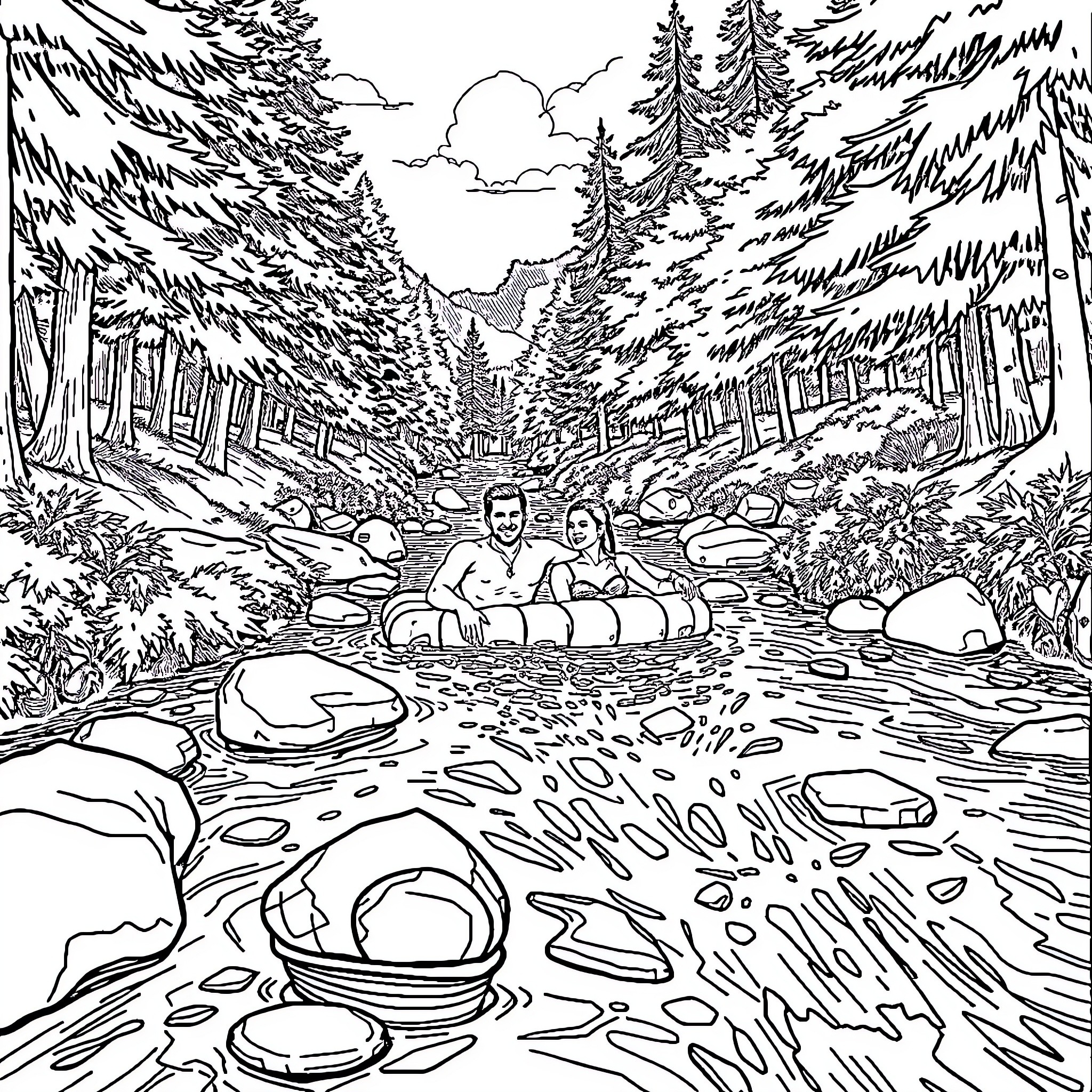 Couple relaxing in a natural hot spring Coloring Page (free black-and-white line drawing printable PDF for all, from beginners to advanced learners, including children, teens, adults, and seniors)