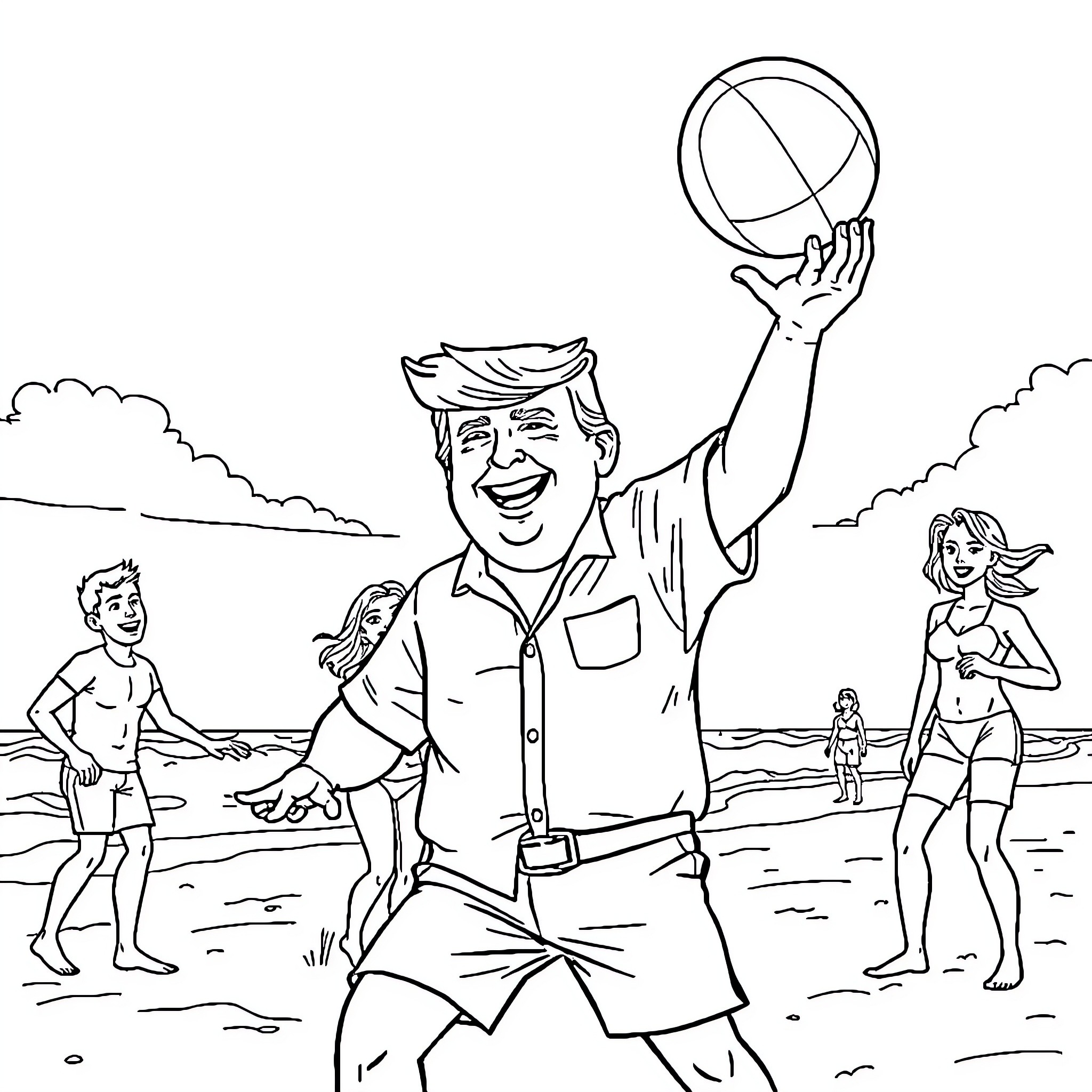 Trump's Joyful Beach Adventure with Beachgoers Coloring Page (free black-and-white line drawing printable PDF for all, from beginners to advanced learners, including children, teens, adults, and seniors)