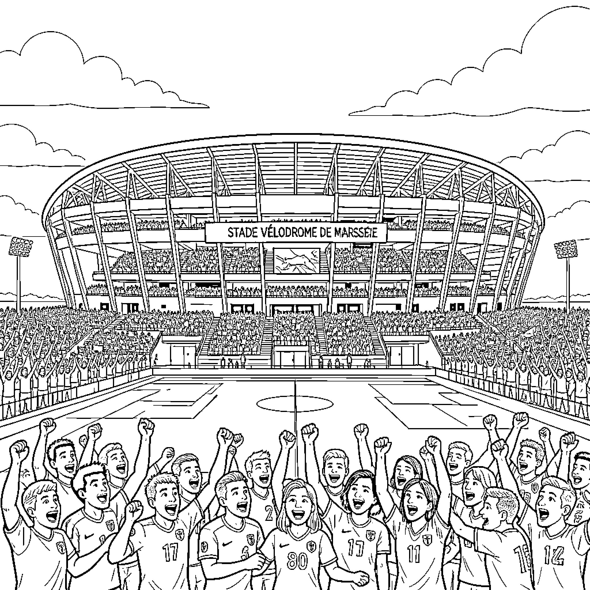 Stadium filled with energetic fans and players Coloring Page (free black-and-white line drawing printable PDF for all, from beginners to advanced learners, including children, teens, adults, and seniors)