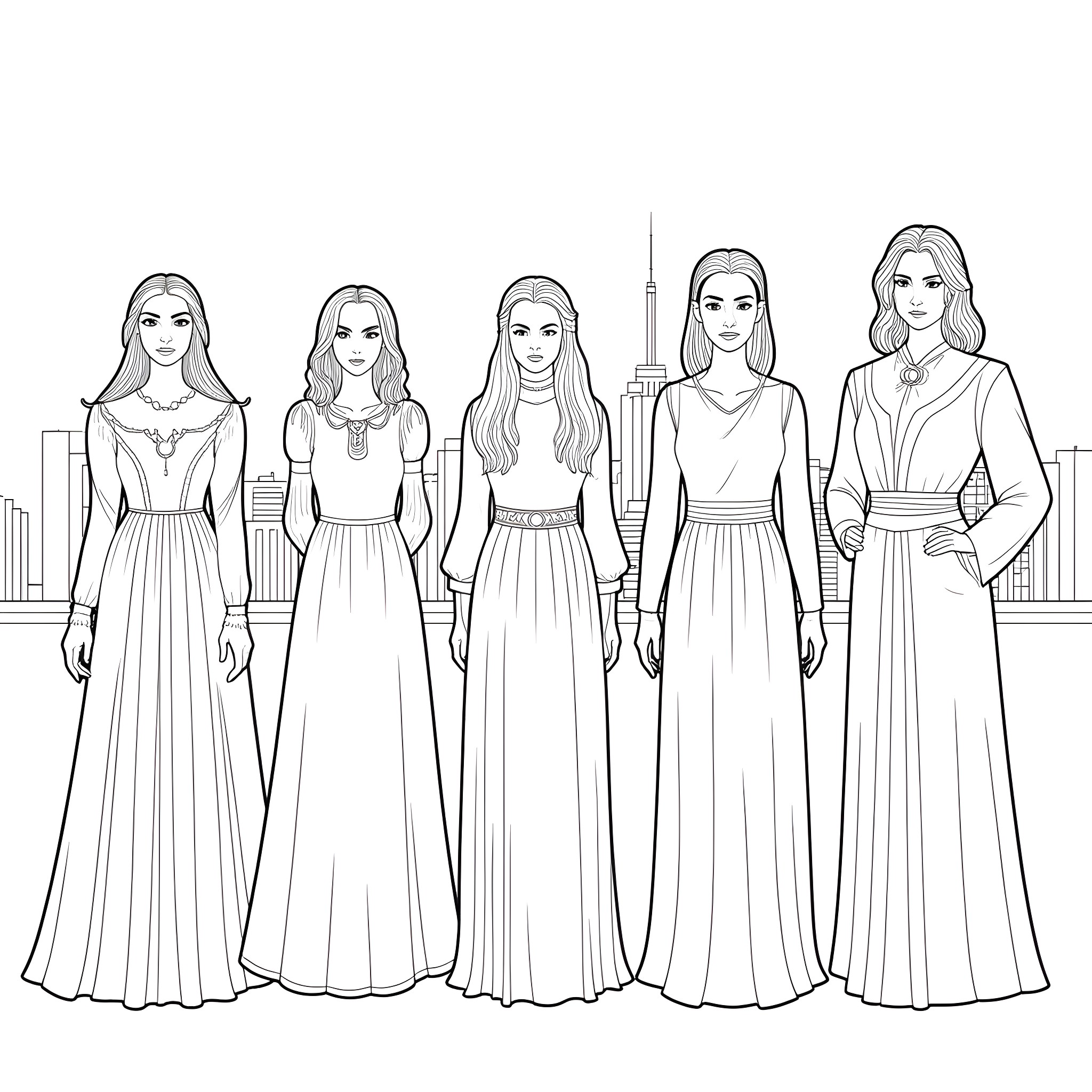 Egwene and her companions in formal attire Coloring Page (free black-and-white line drawing printable PDF for all, from beginners to advanced learners, including children, teens, adults, and seniors)