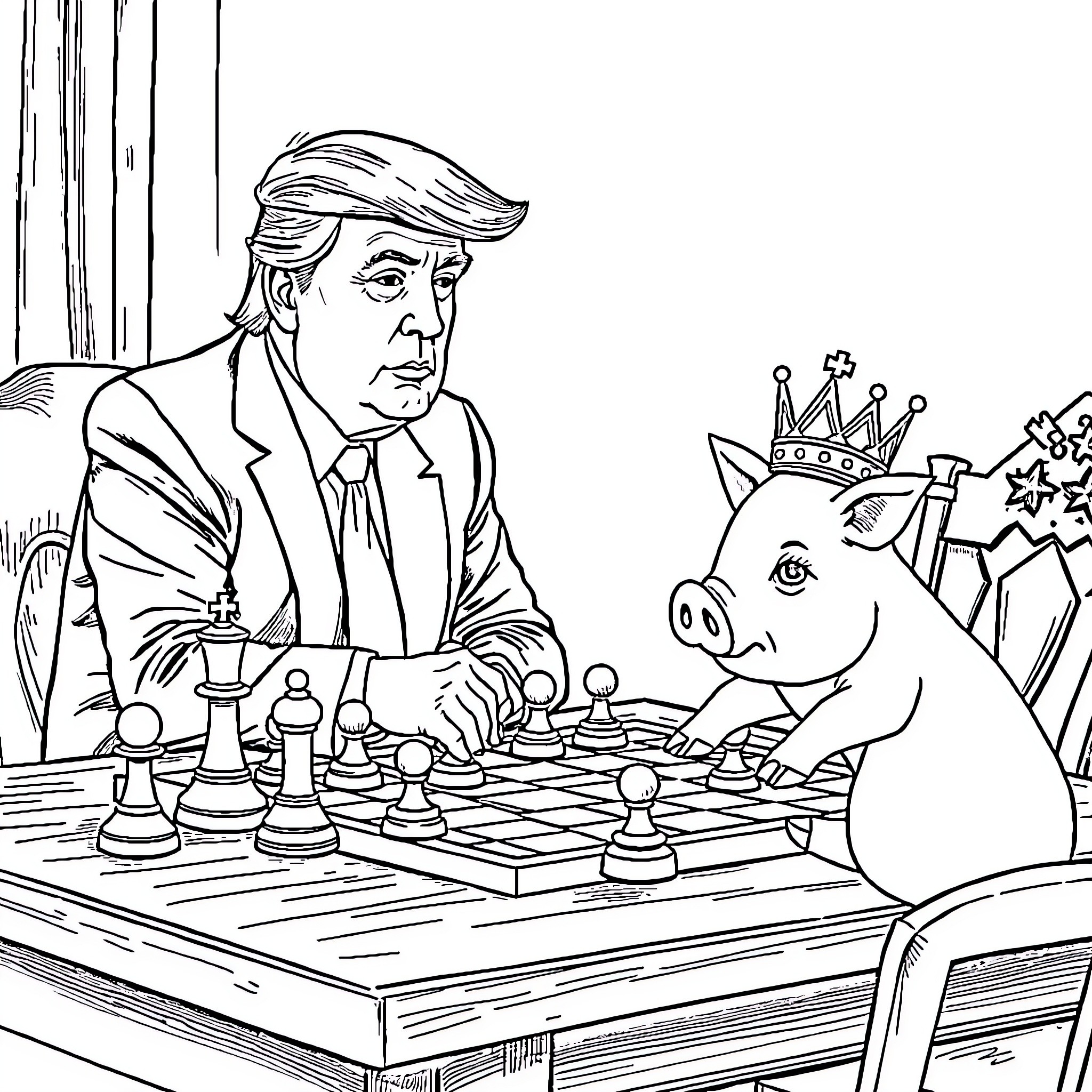 Trump playing chess with a crown-wearing pig Coloring Page (free black-and-white line drawing printable PDF for all, from beginners to advanced learners, including children, teens, adults, and seniors)