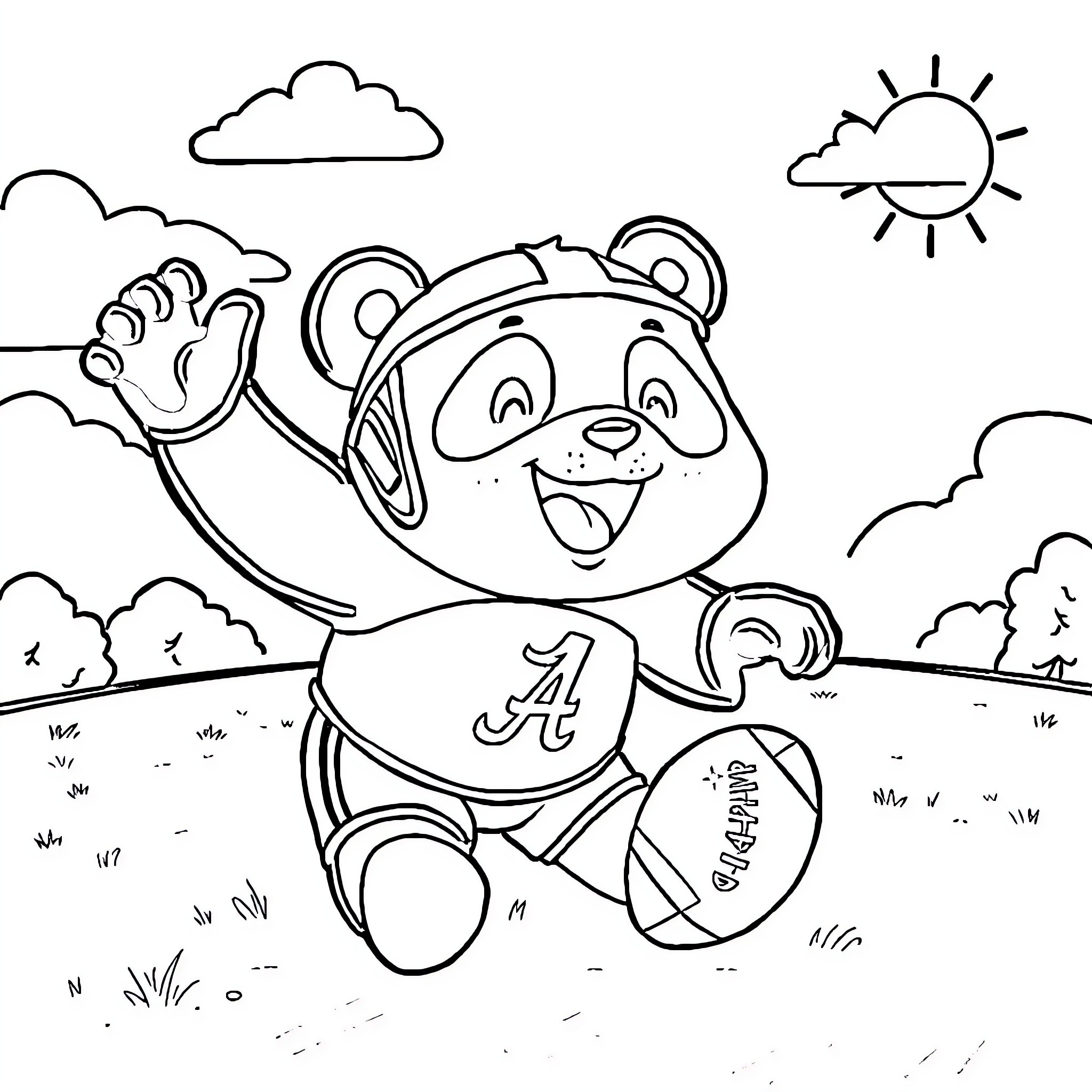 Panda happily playing with a basketball Coloring Page (free black-and-white line drawing printable PDF for all, from beginners to advanced learners, including children, teens, adults, and seniors)
