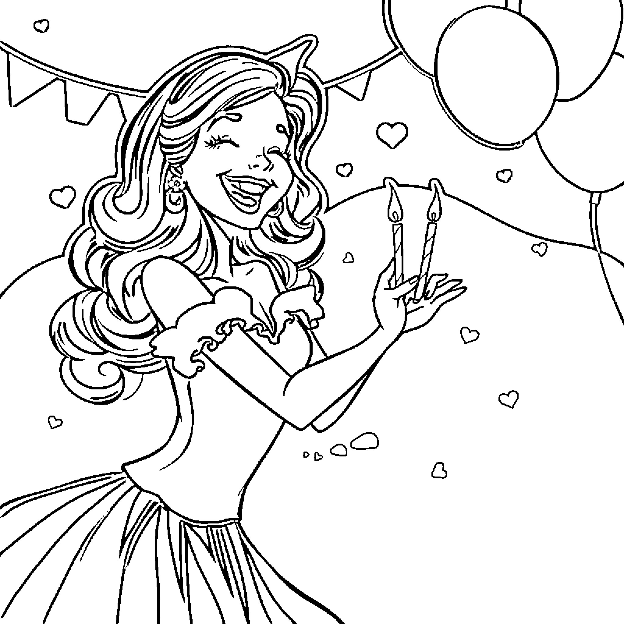 Coquette's Celebration with Balloons and Hearts Coloring Page (free black-and-white line drawing printable PDF for all, from beginners to advanced learners, including children, teens, adults, and seniors)