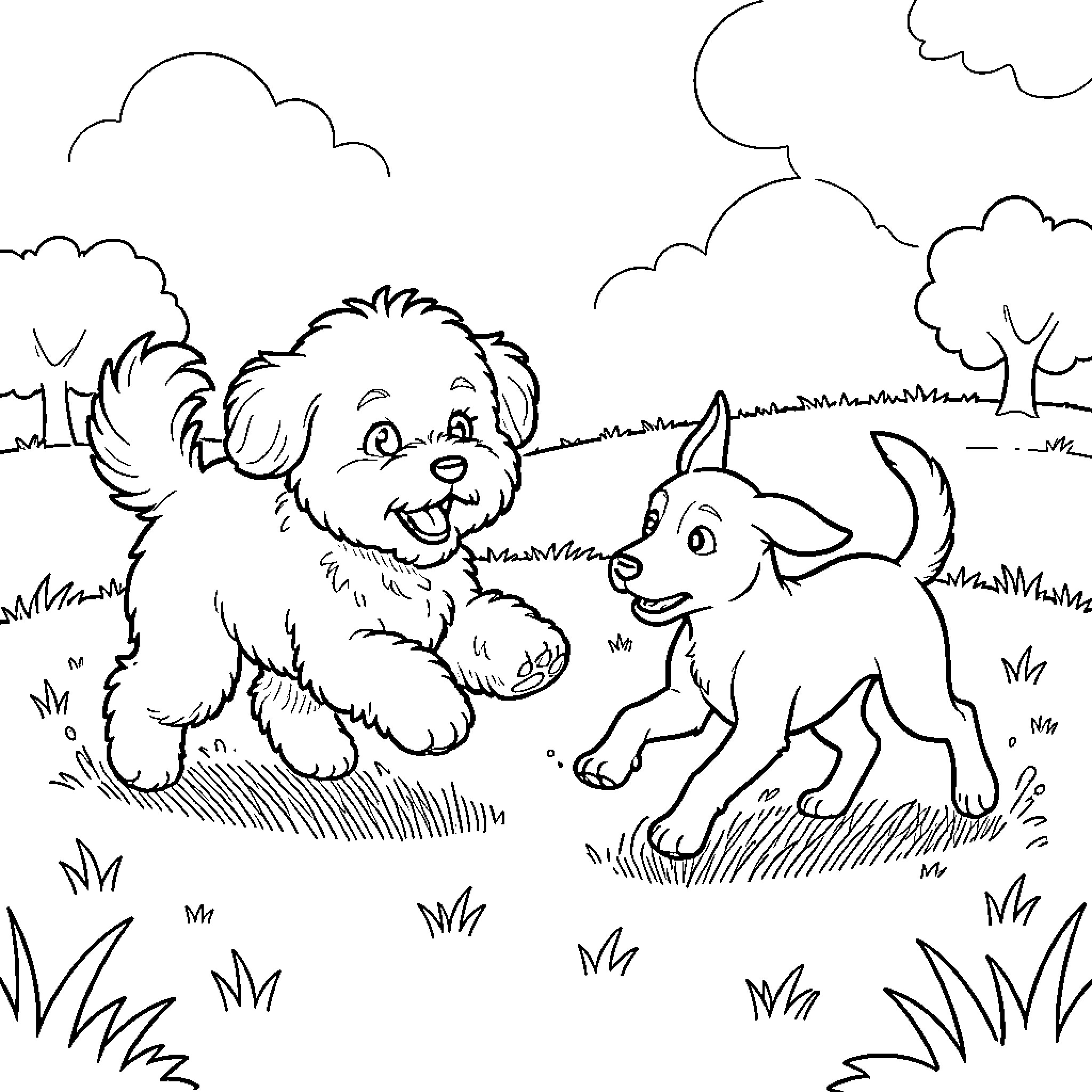 Perro jugueteando alegremente con otro perrito en el campo Coloring Page (free black-and-white line drawing printable PDF for all, from beginners to advanced learners, including children, teens, adults, and seniors)