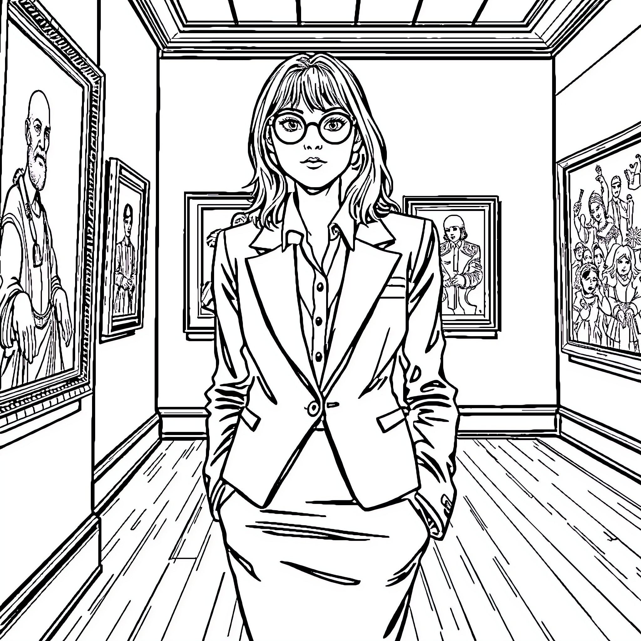 Girl in a Formal Suit at an Art Gallery Coloring Page (free black-and-white line drawing printable PDF for all, from beginners to advanced learners, including children, teens, adults, and seniors)