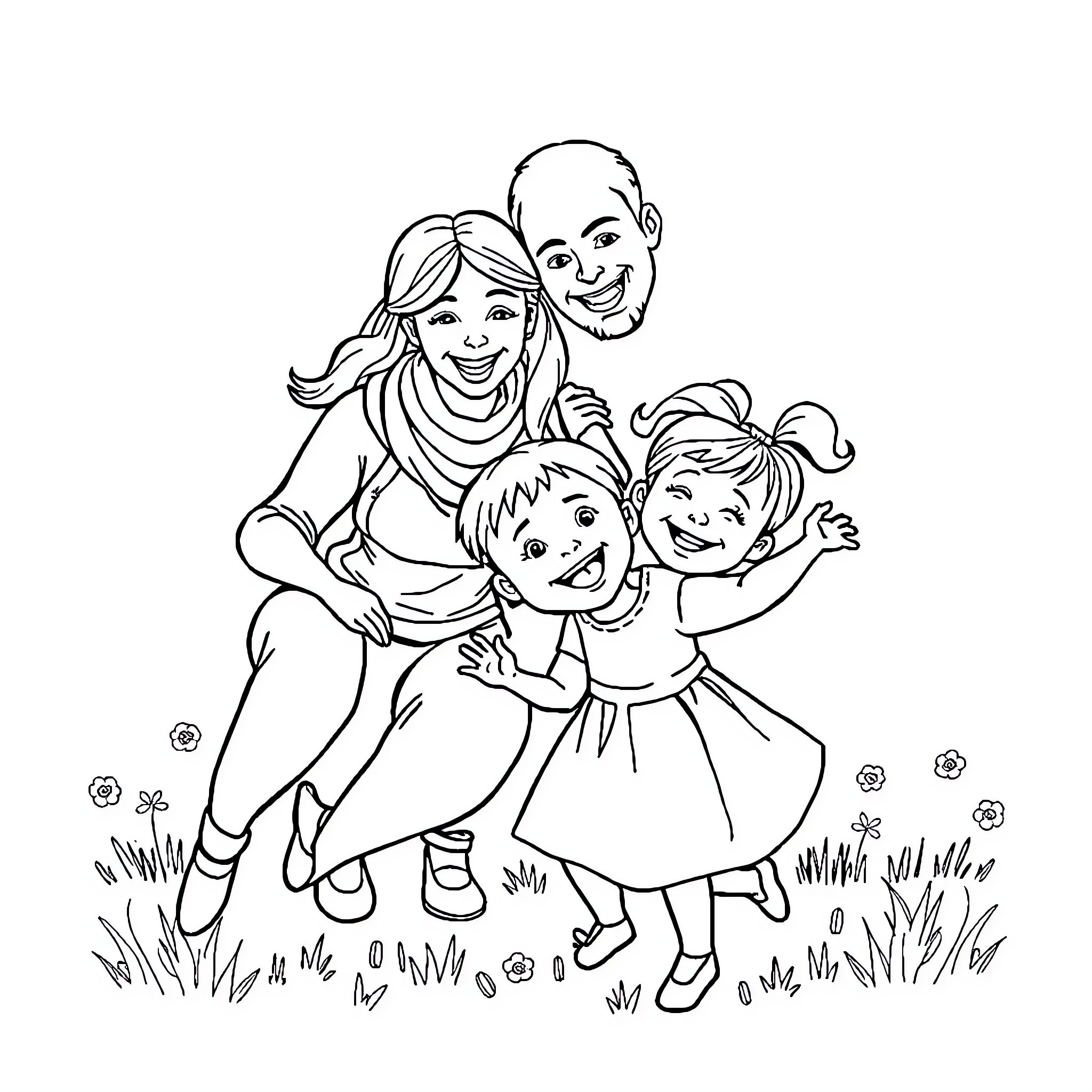 Family enjoying outdoor time together Coloring Page (free black-and-white line drawing printable PDF for all, from beginners to advanced learners, including children, teens, adults, and seniors)