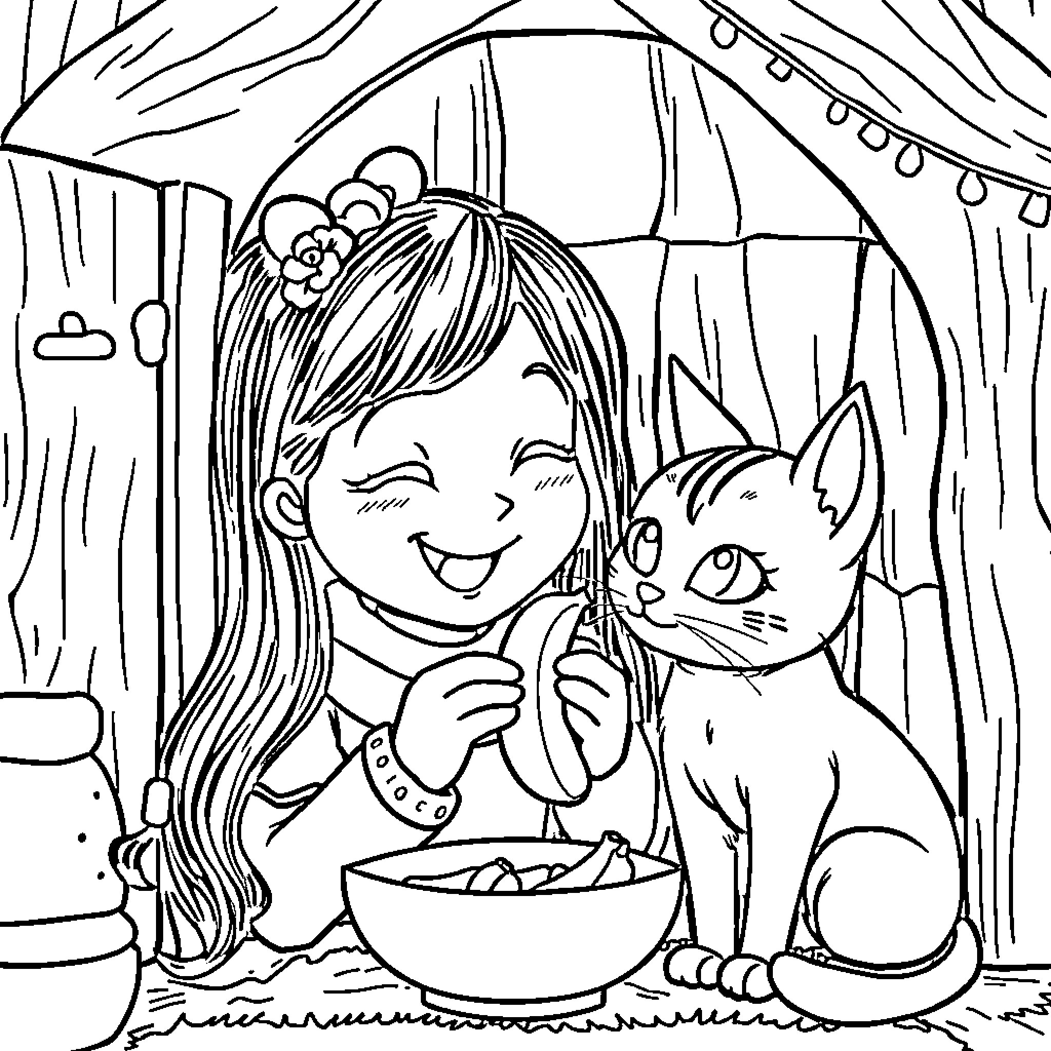 Rumi's Cozy Moment with Her Feline Companion Coloring Page (free black-and-white line drawing printable PDF for all, from beginners to advanced learners, including children, teens, adults, and seniors)