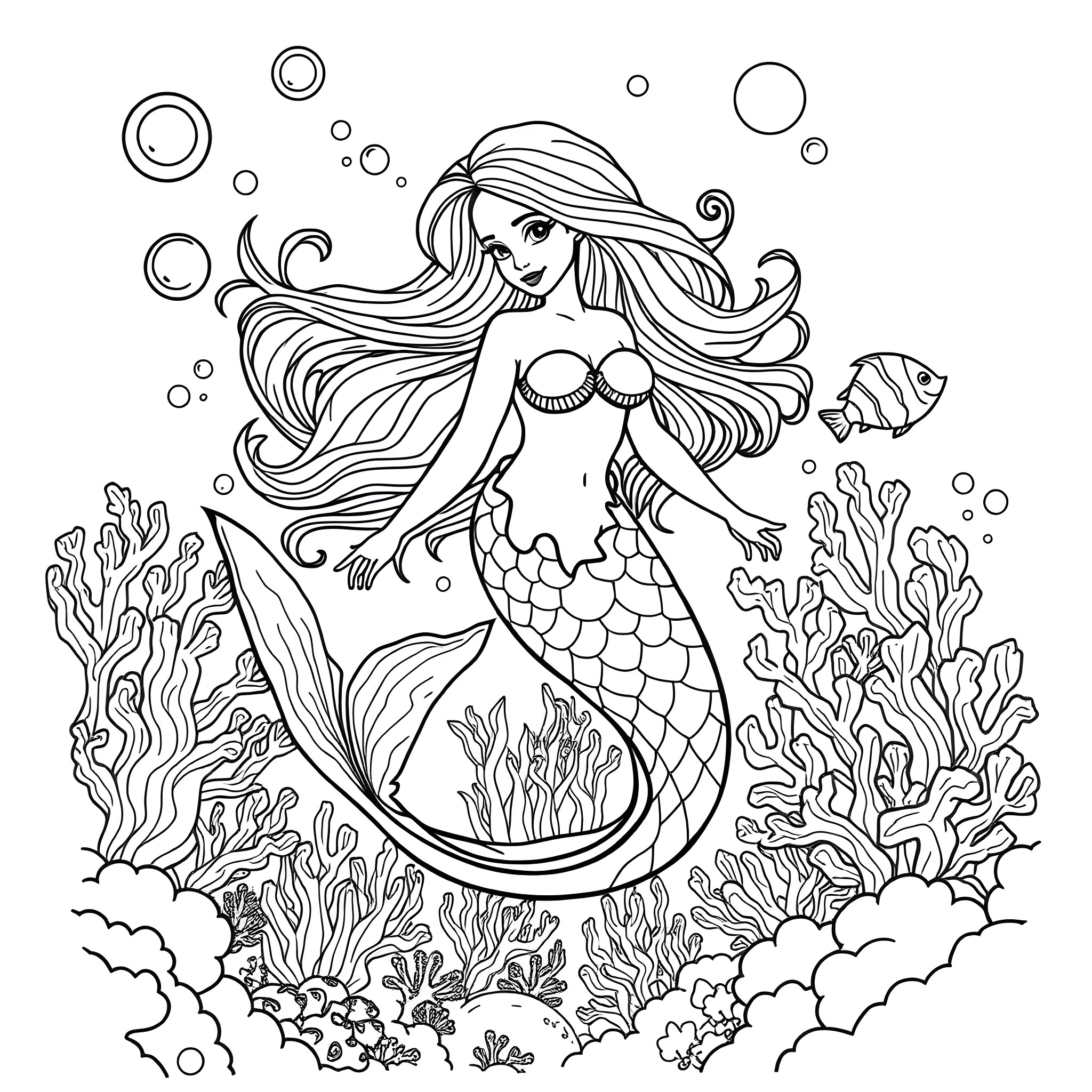 Mermaid Amid Underwater Coral Reef and Tropical Fish Coloring Page (free black-and-white line drawing printable PDF for all, from beginners to advanced learners, including children, teens, adults, and seniors)