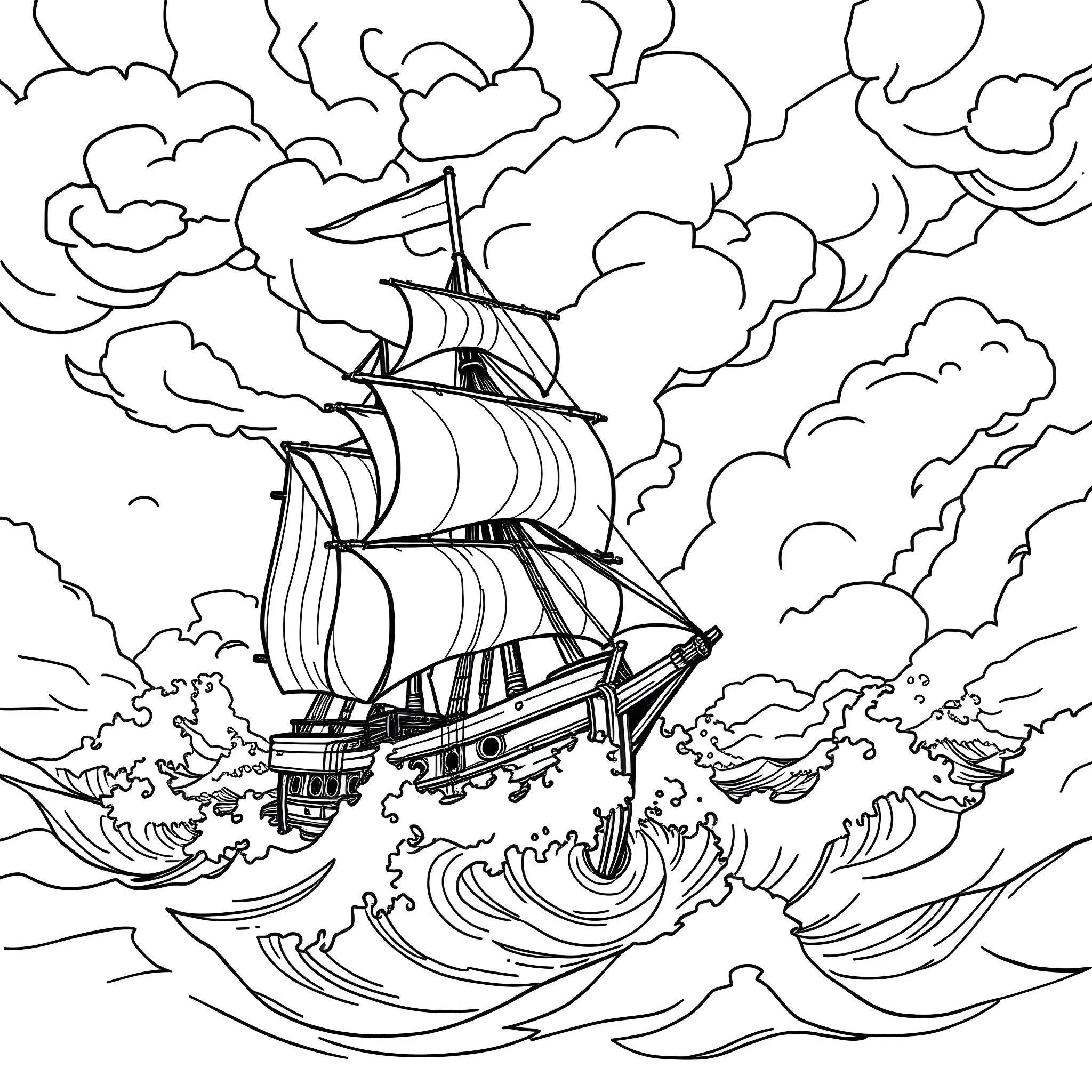 Pirate Brig Sailing Through Stormy Seas Coloring Page (free black-and-white line drawing printable PDF for all, from beginners to advanced learners, including children, teens, adults, and seniors)