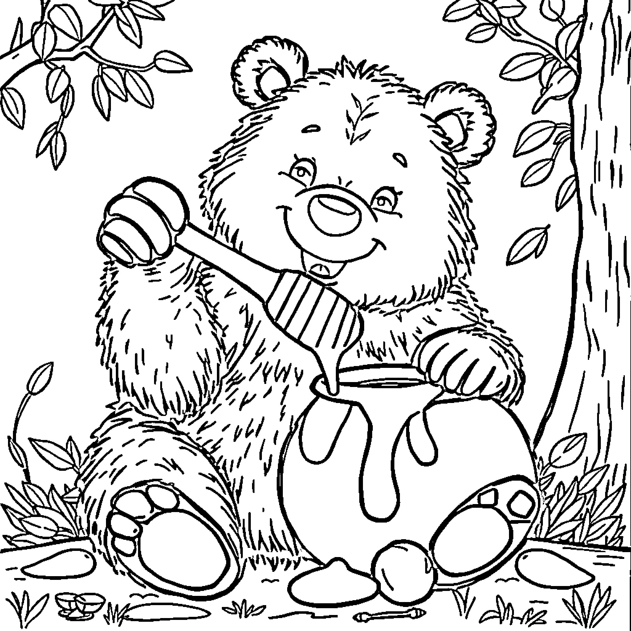 Bear Enjoying Honey in Peaceful Forest Coloring Page (free black-and-white line drawing printable PDF for all, from beginners to advanced learners, including children, teens, adults, and seniors)