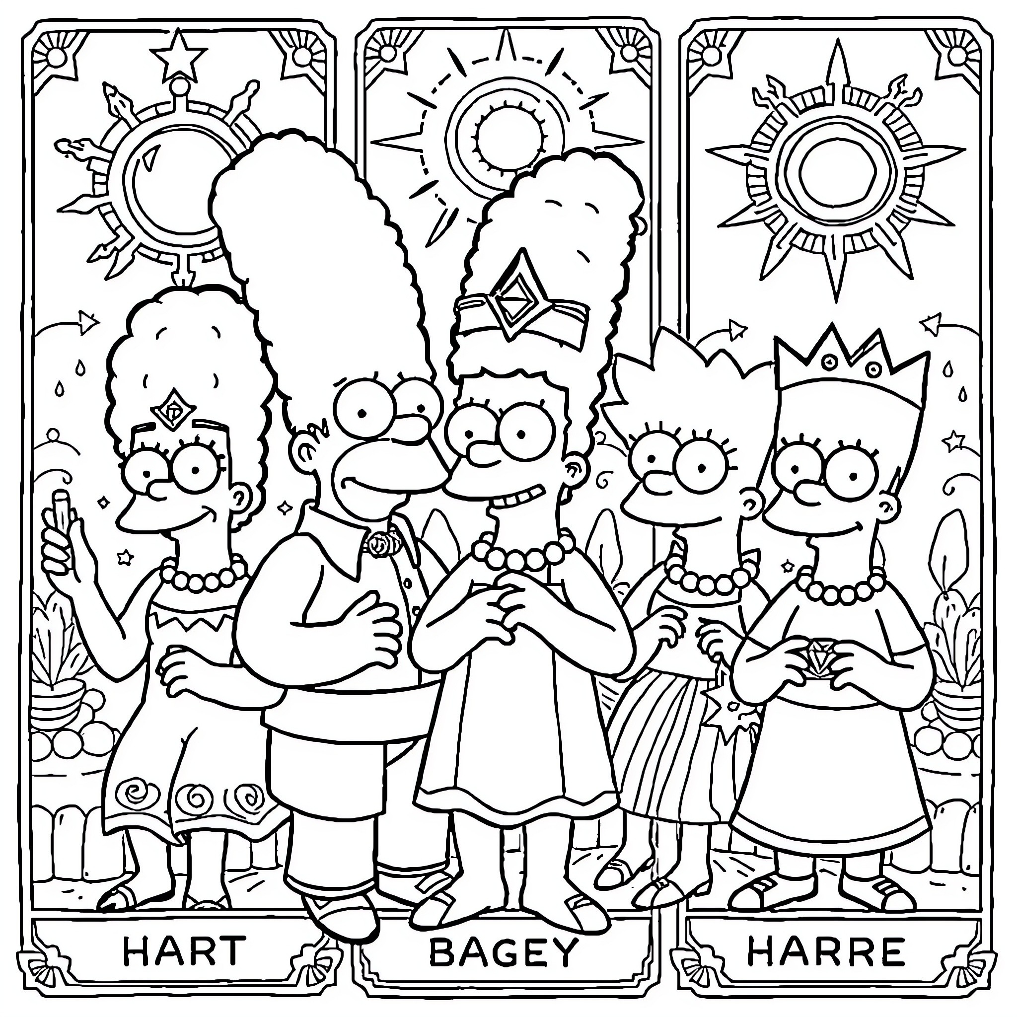Simpsons Family in Playful Costumes Coloring Page (free black-and-white line drawing printable PDF for all, from beginners to advanced learners, including children, teens, adults, and seniors)