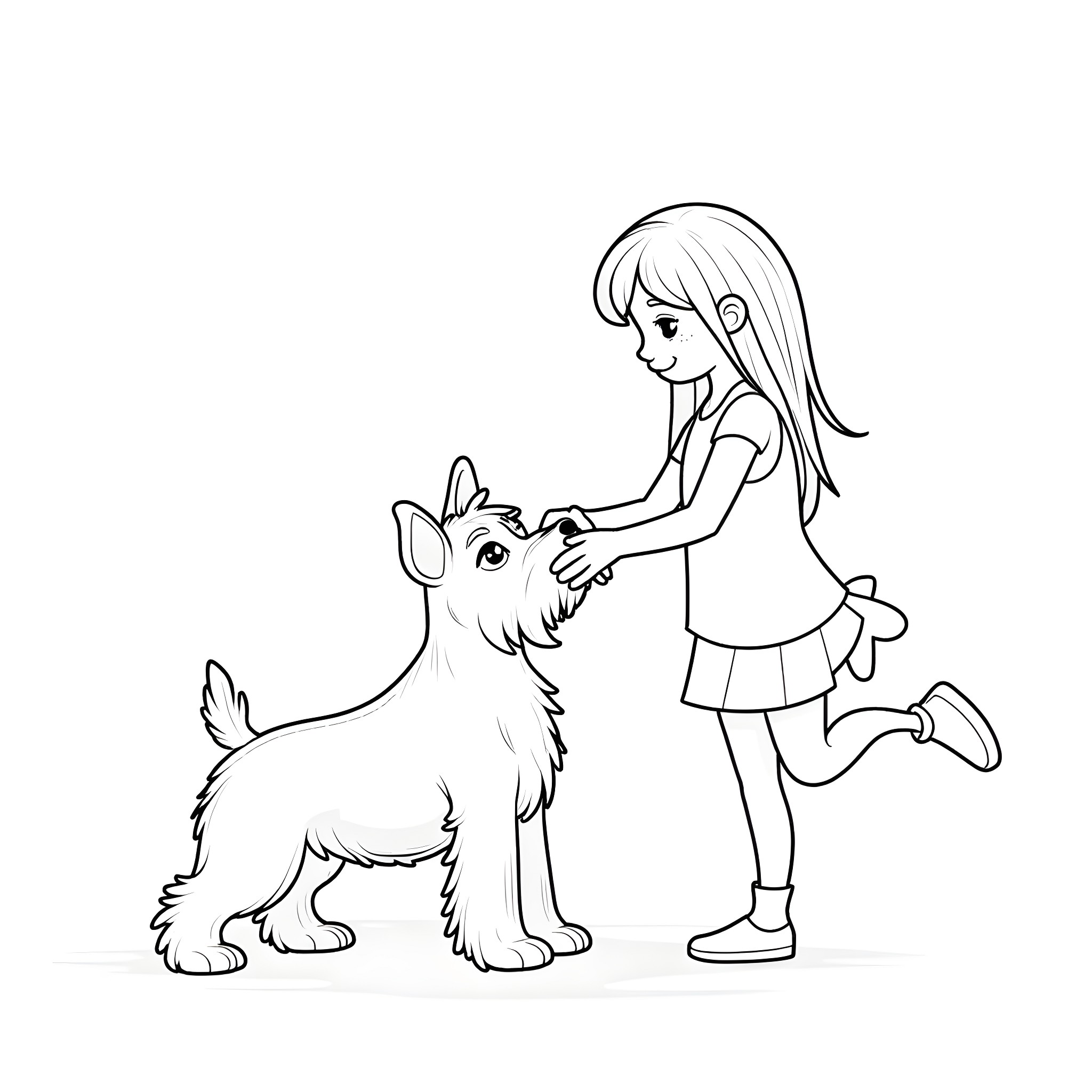 Schnauzer delighting a young girl with affection Coloring Page (free black-and-white line drawing printable PDF for all, from beginners to advanced learners, including children, teens, adults, and seniors)