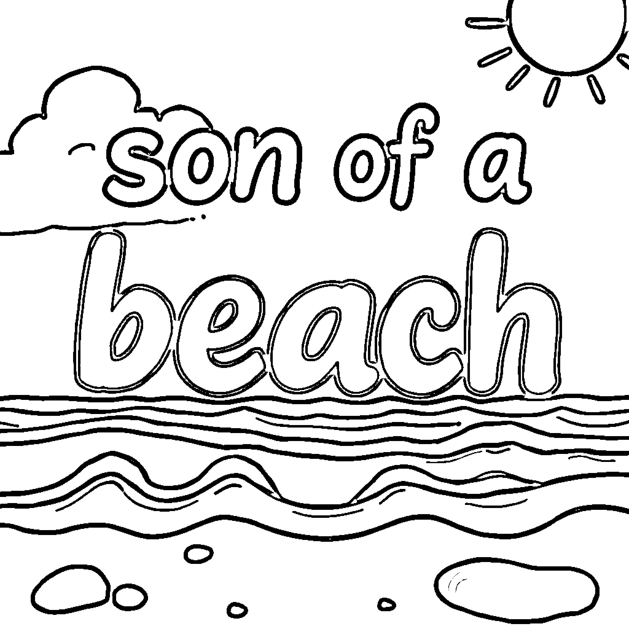 Beach scene with playful text Coloring Page (free black-and-white line drawing printable PDF for all, from beginners to advanced learners, including children, teens, adults, and seniors)