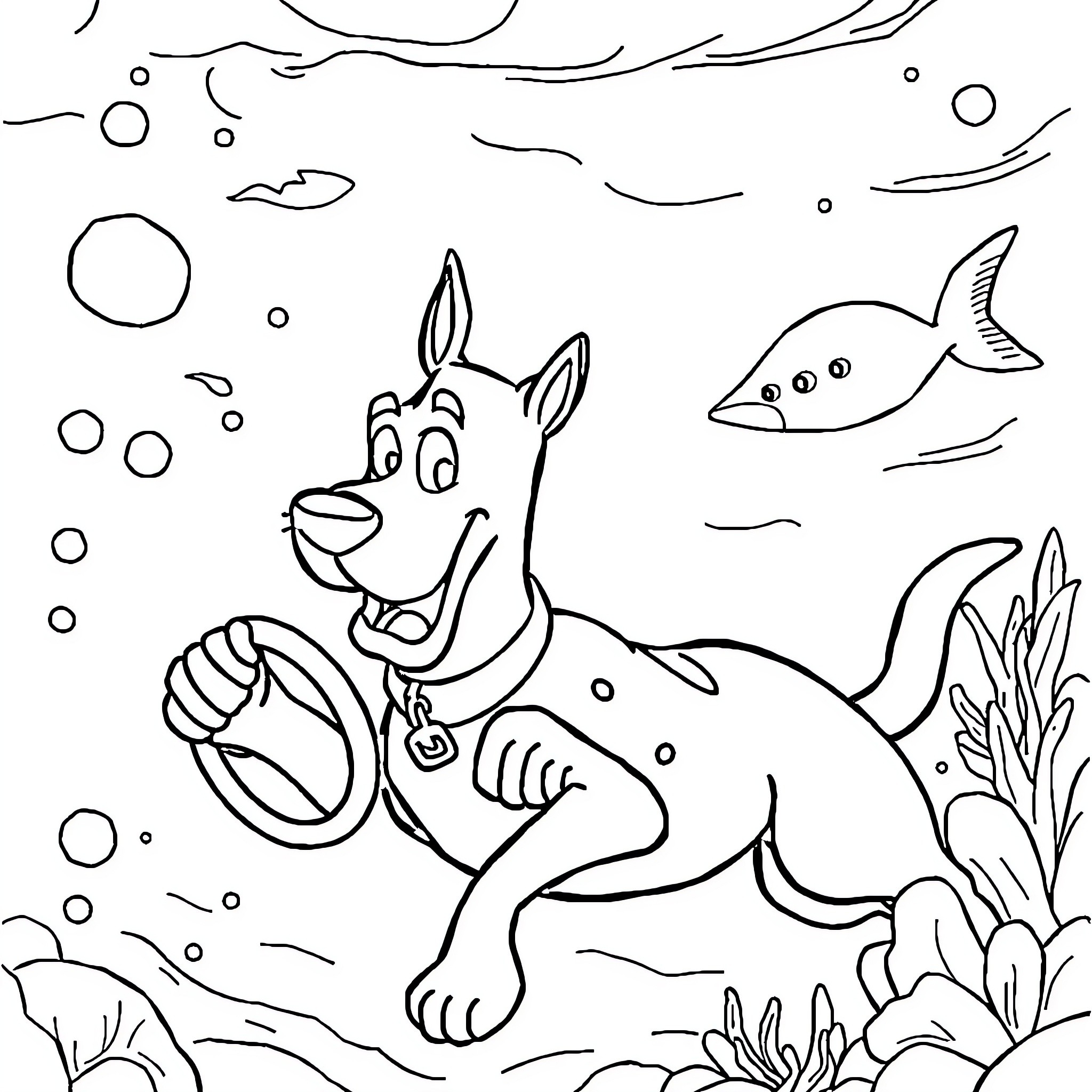 Scooby Doo explores the underwater world with his friends Coloring Page (free black-and-white line drawing printable PDF for all, from beginners to advanced learners, including children, teens, adults, and seniors)
