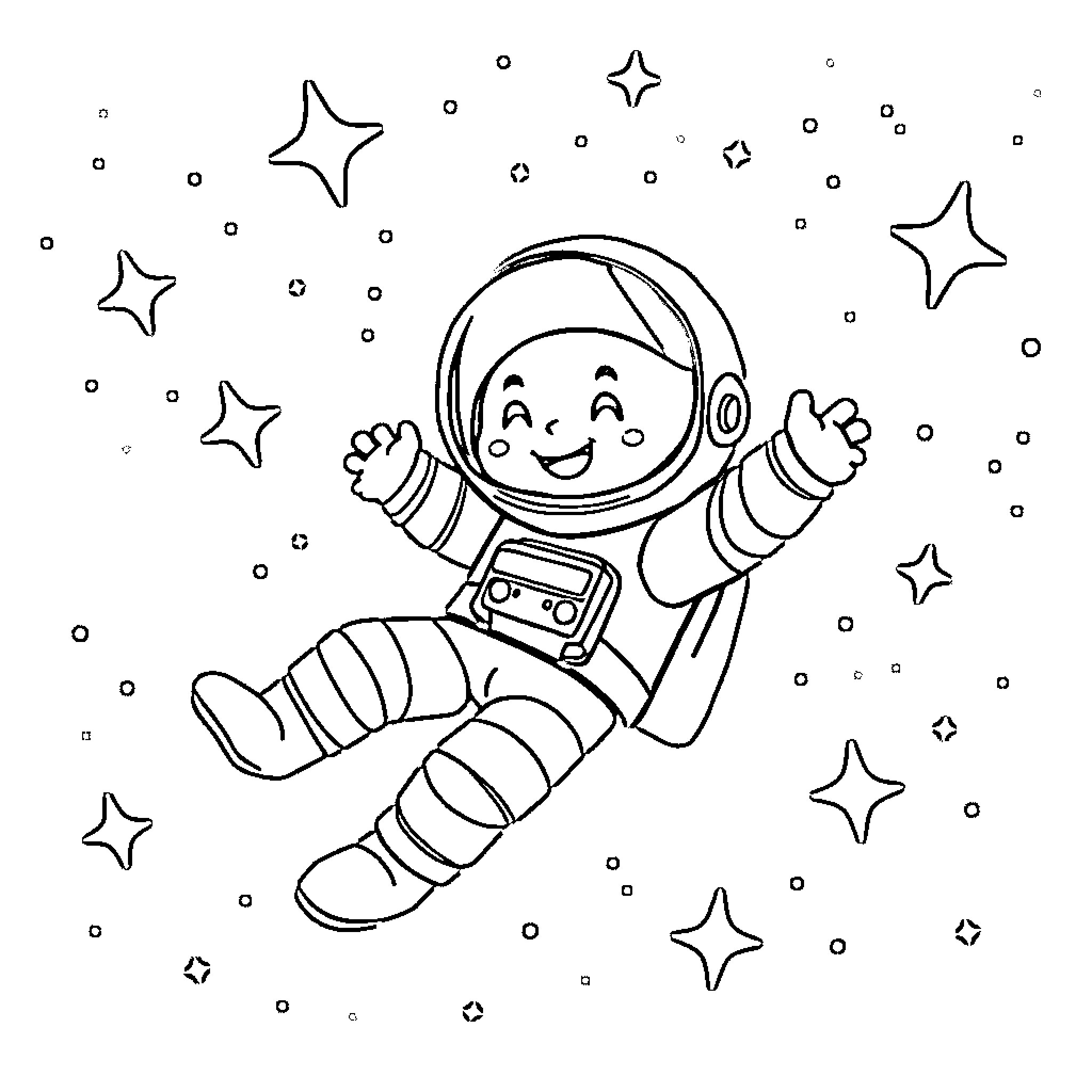 Astronaut exploring the starry galaxy Coloring Page (free black-and-white line drawing printable PDF for all, from beginners to advanced learners, including children, teens, adults, and seniors)