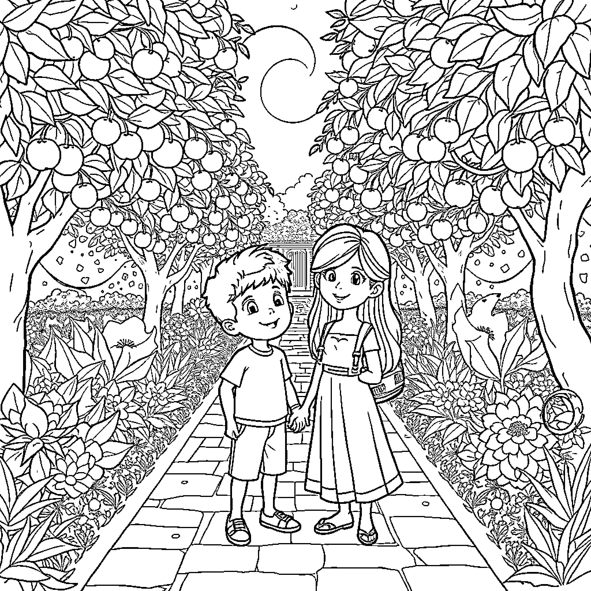 Adán y Eva: Niños explorando un jardín fantástico Coloring Page (free black-and-white line drawing printable PDF for all, from beginners to advanced learners, including children, teens, adults, and seniors)