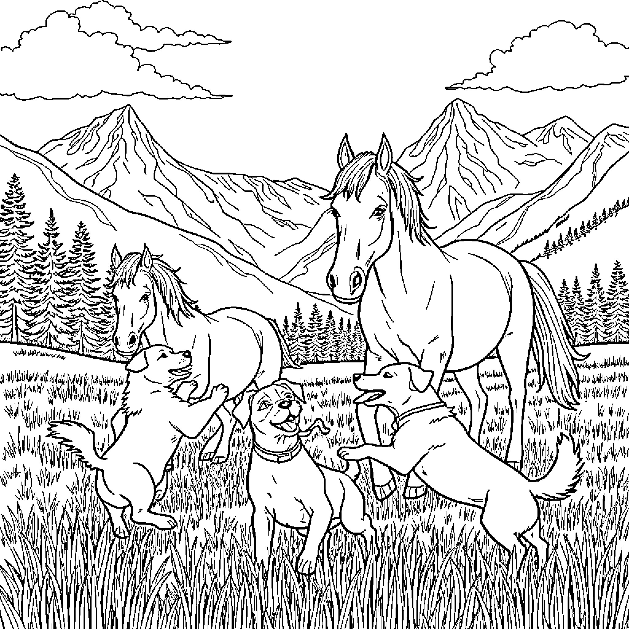 Dog Enjoying the Mountain Scenery with Horses Coloring Page (free black-and-white line drawing printable PDF for all, from beginners to advanced learners, including children, teens, adults, and seniors)