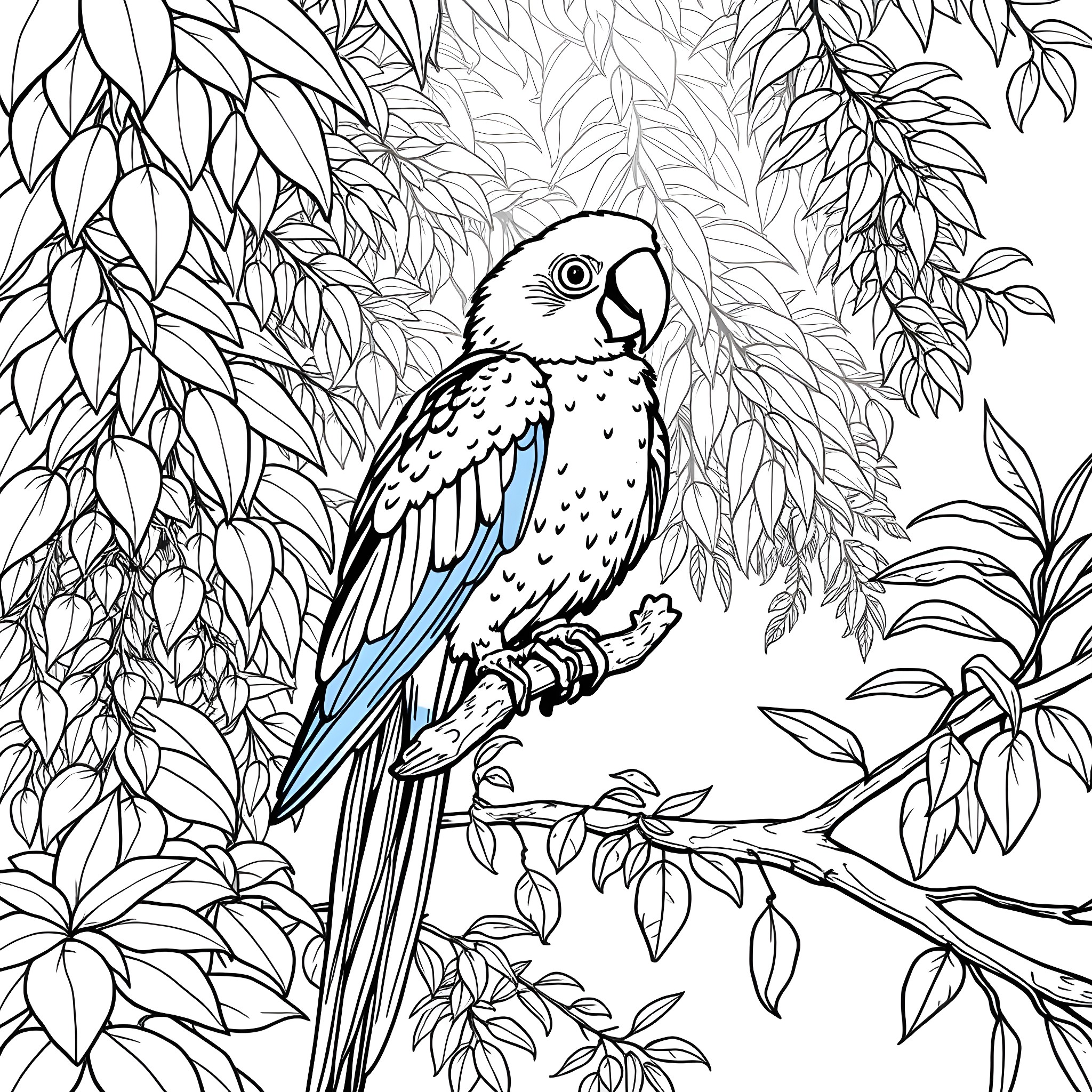 Parrot perched amidst lush foliage Coloring Page (free black-and-white line drawing printable PDF for all, from beginners to advanced learners, including children, teens, adults, and seniors)