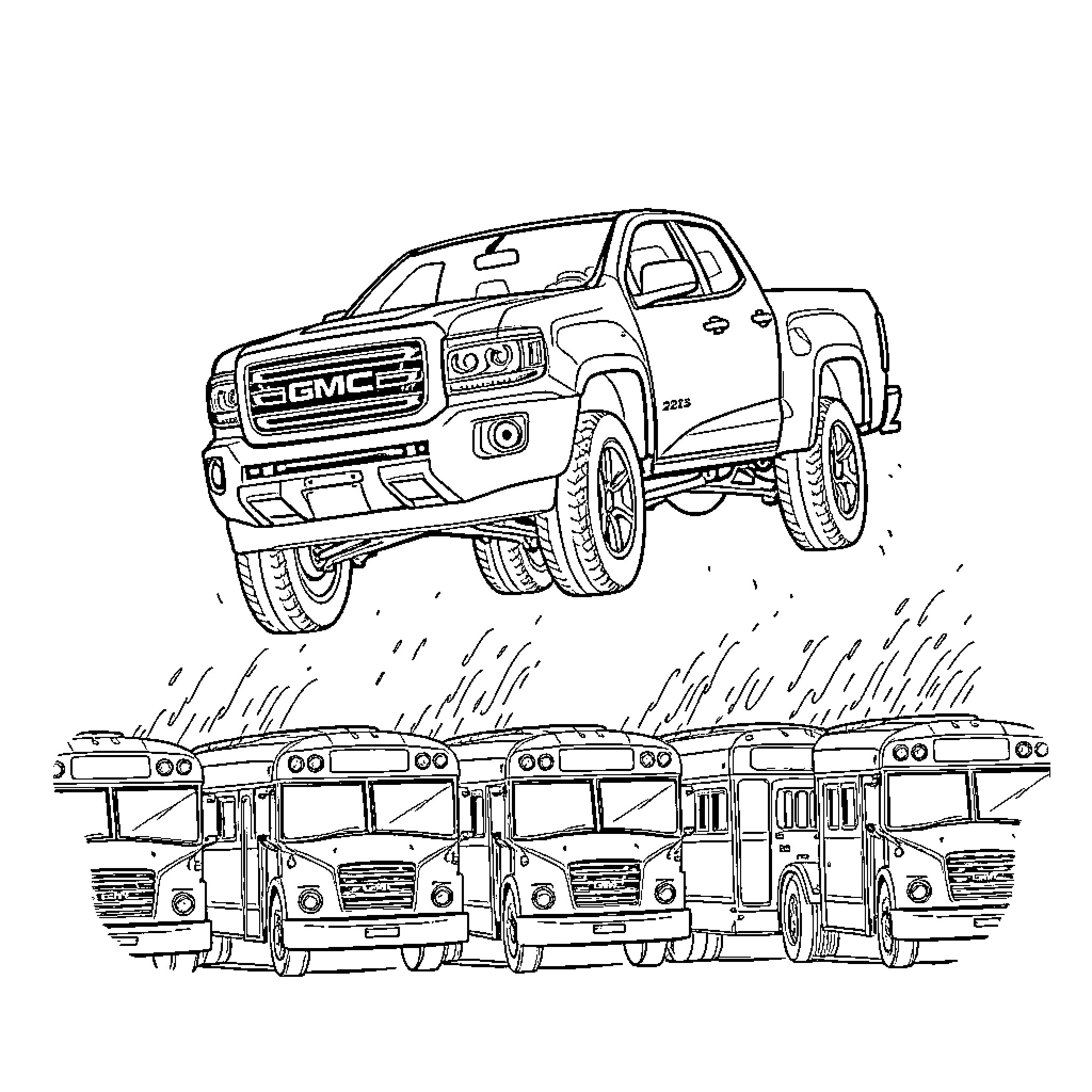 GMC off-road vehicle among delivery trucks Coloring Page (free black-and-white line drawing printable PDF for all, from beginners to advanced learners, including children, teens, adults, and seniors)