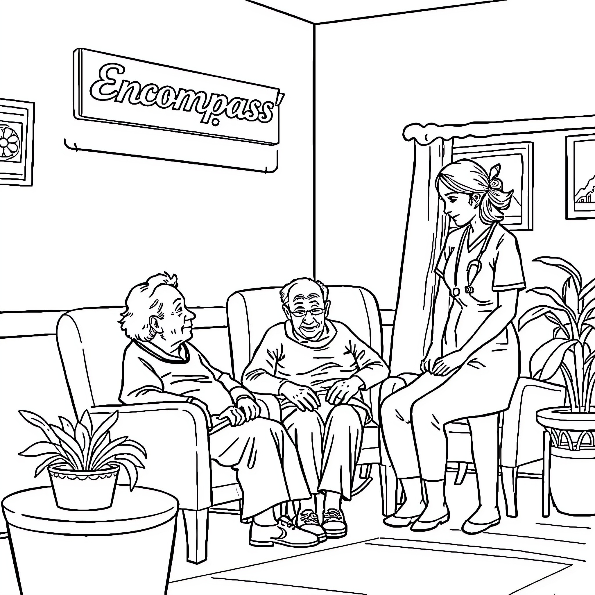 Patient receiving care from healthcare professionals Coloring Page (free black-and-white line drawing printable PDF for all, from beginners to advanced learners, including children, teens, adults, and seniors)
