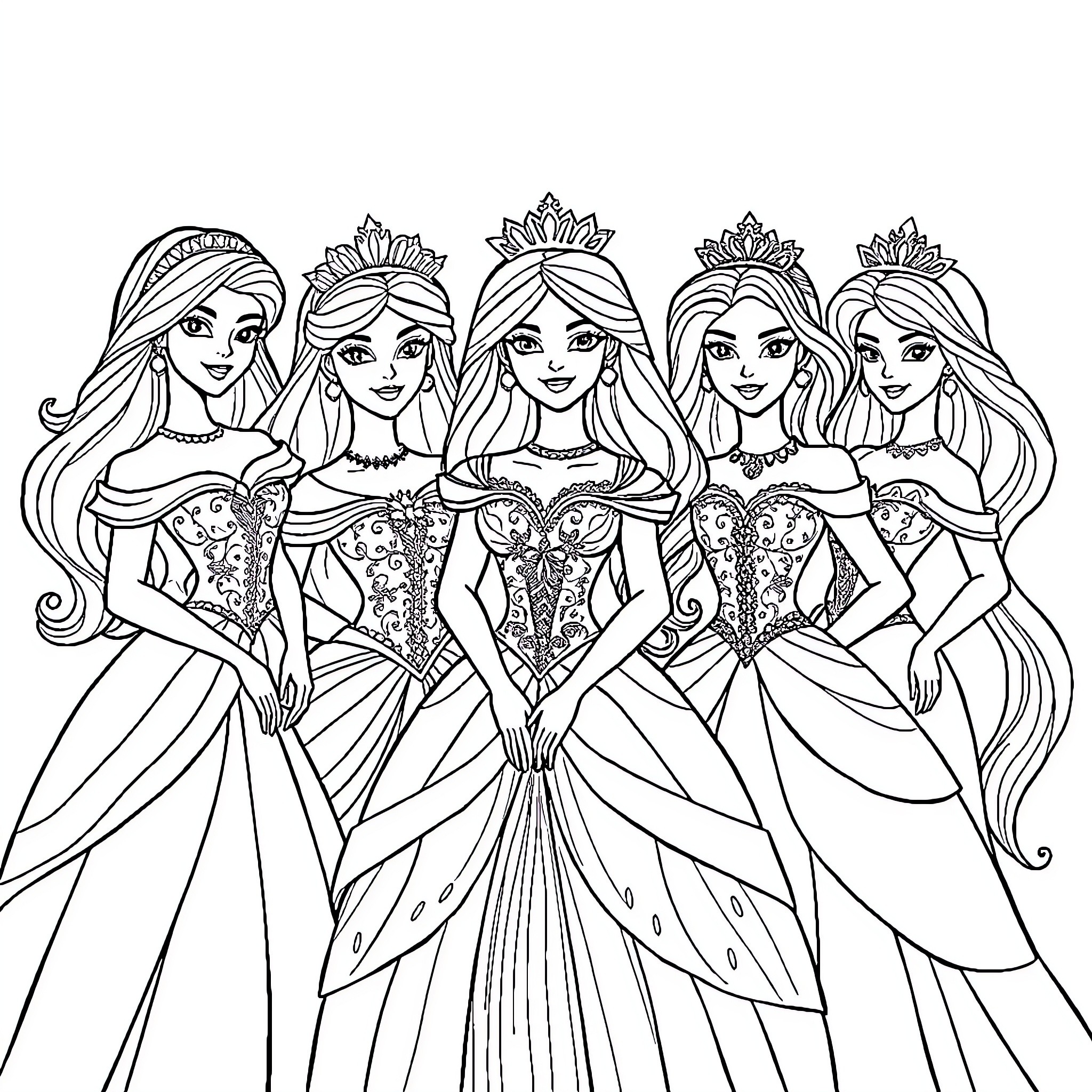 Princess Ensemble in Enchanting Gowns Coloring Page (free black-and-white line drawing printable PDF for all, from beginners to advanced learners, including children, teens, adults, and seniors)