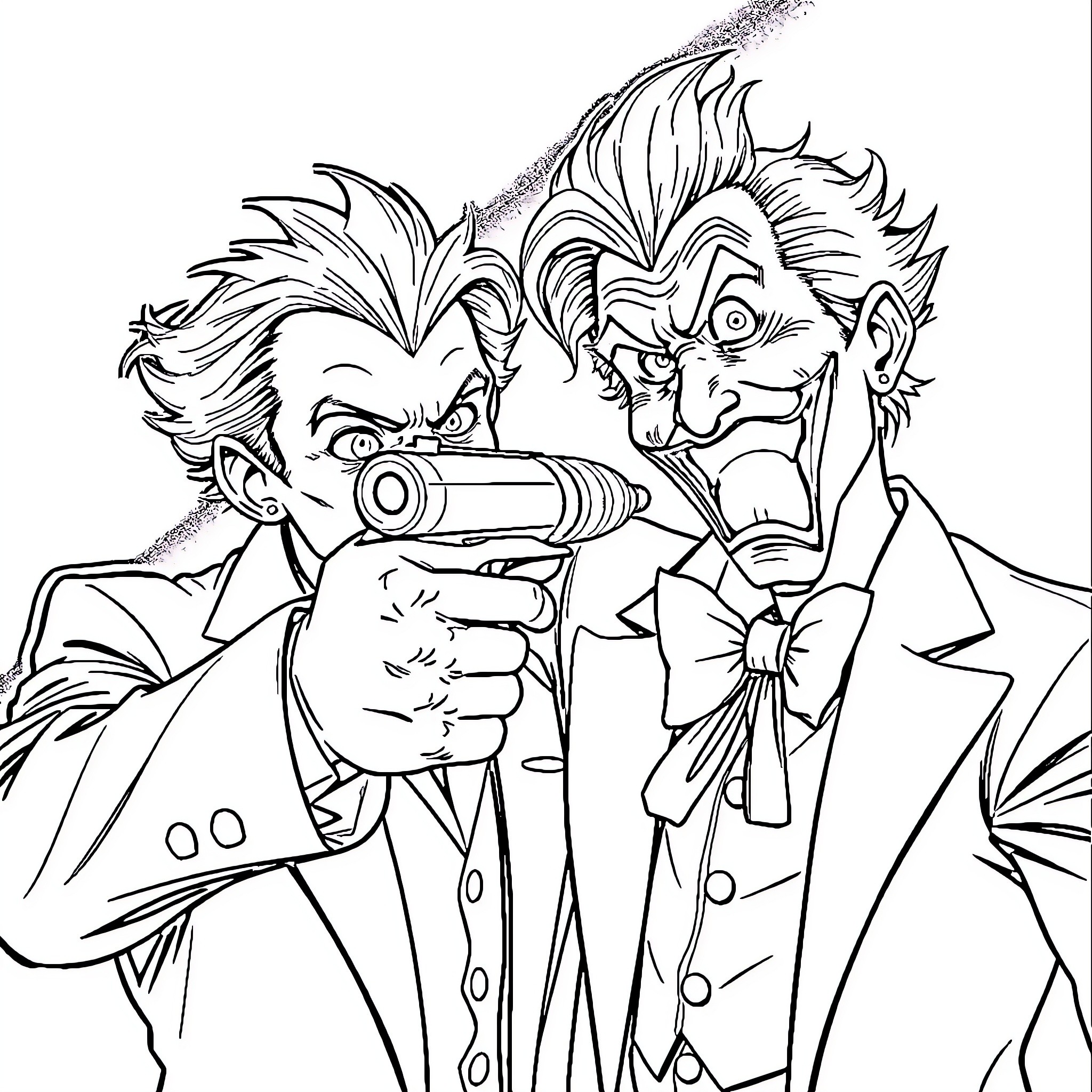 Joker Villains Aiming Guns in Dramatic Pose Coloring Page (free black-and-white line drawing printable PDF for all, from beginners to advanced learners, including children, teens, adults, and seniors)