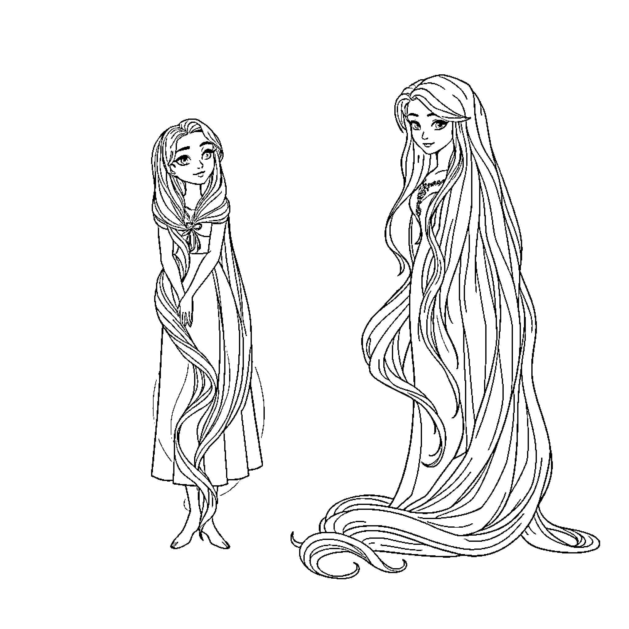 Rapunzel's magical journey through enchanting scenes Coloring Page (free black-and-white line drawing printable PDF for all, from beginners to advanced learners, including children, teens, adults, and seniors)
