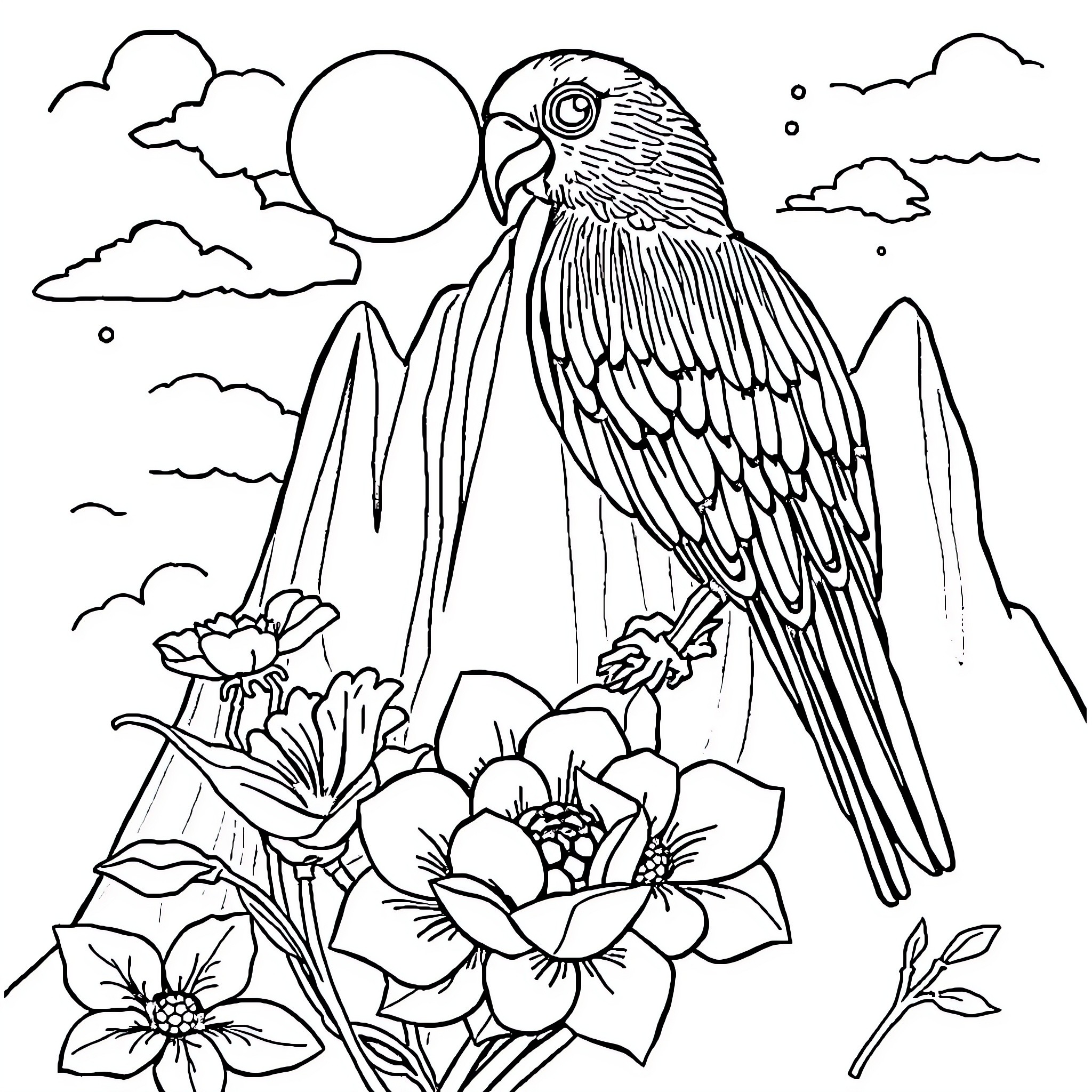 Goose perched amid lush floral landscape Coloring Page (free black-and-white line drawing printable PDF for all, from beginners to advanced learners, including children, teens, adults, and seniors)