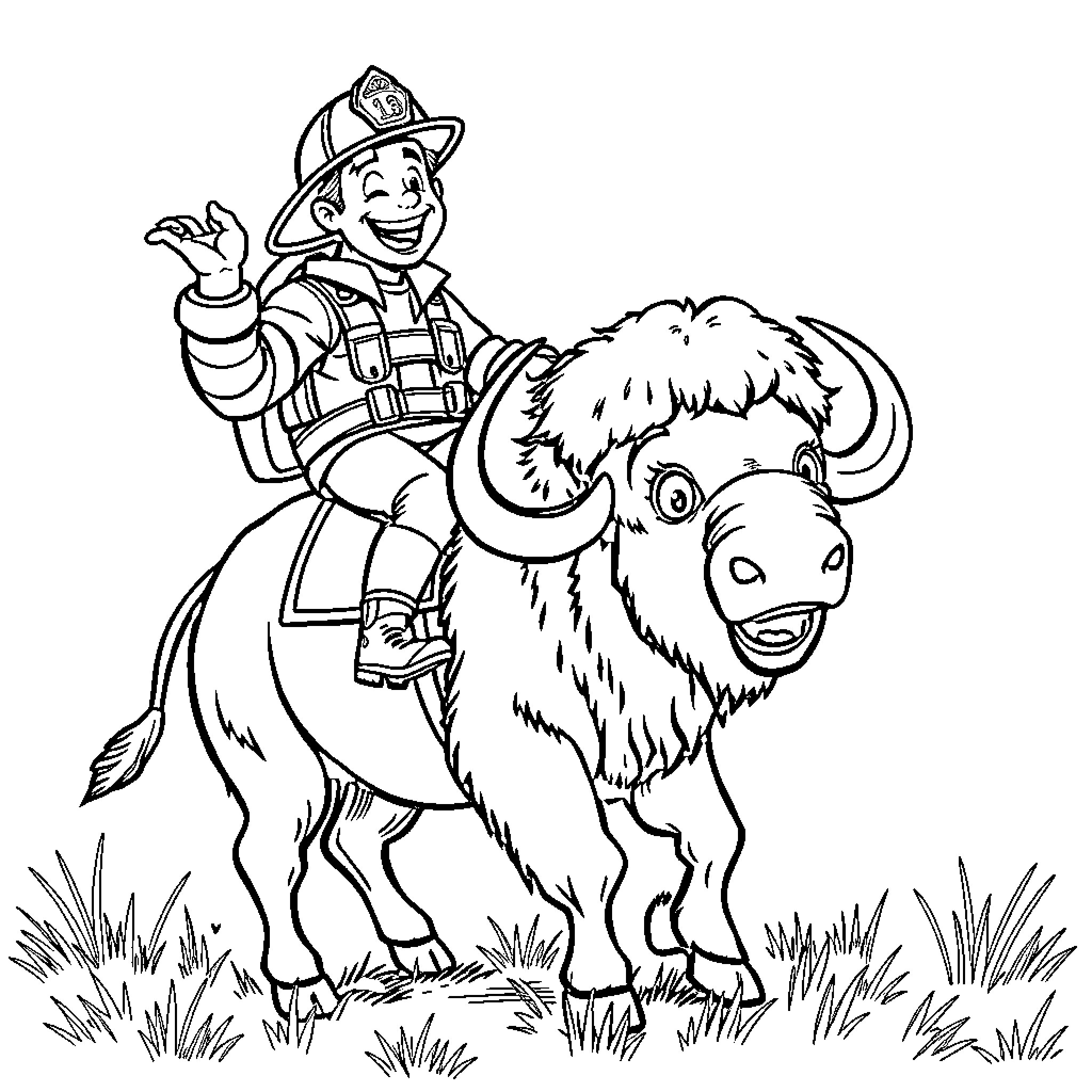 Firefighter riding a yak in the field Coloring Page (free black-and-white line drawing printable PDF for all, from beginners to advanced learners, including children, teens, adults, and seniors)