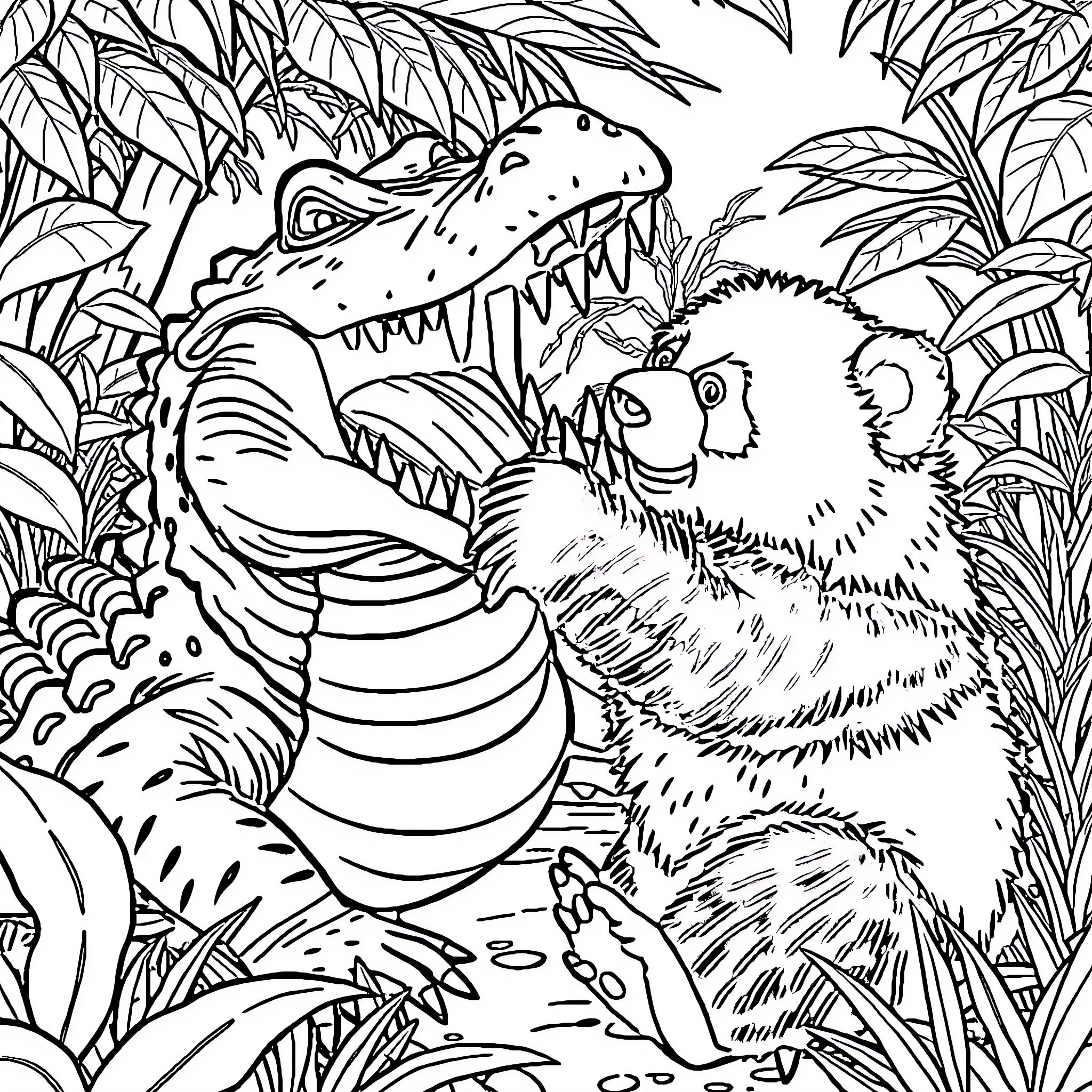 Alligator and Furry Animal in Jungle Setting Coloring Page (free black-and-white line drawing printable PDF for all, from beginners to advanced learners, including children, teens, adults, and seniors)
