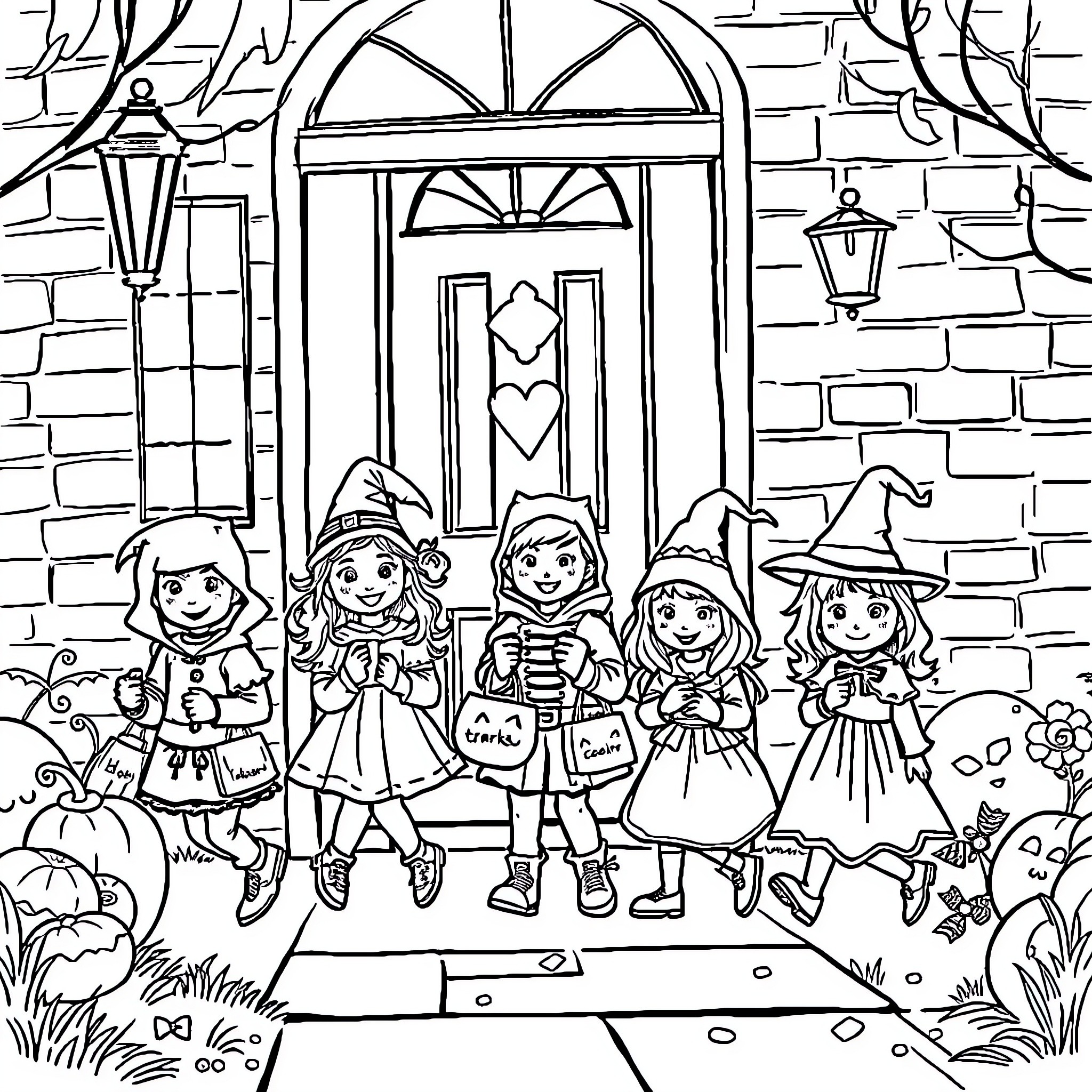 Kids in Halloween costumes trick-or-treating Coloring Page (free black-and-white line drawing printable PDF for all, from beginners to advanced learners, including children, teens, adults, and seniors)