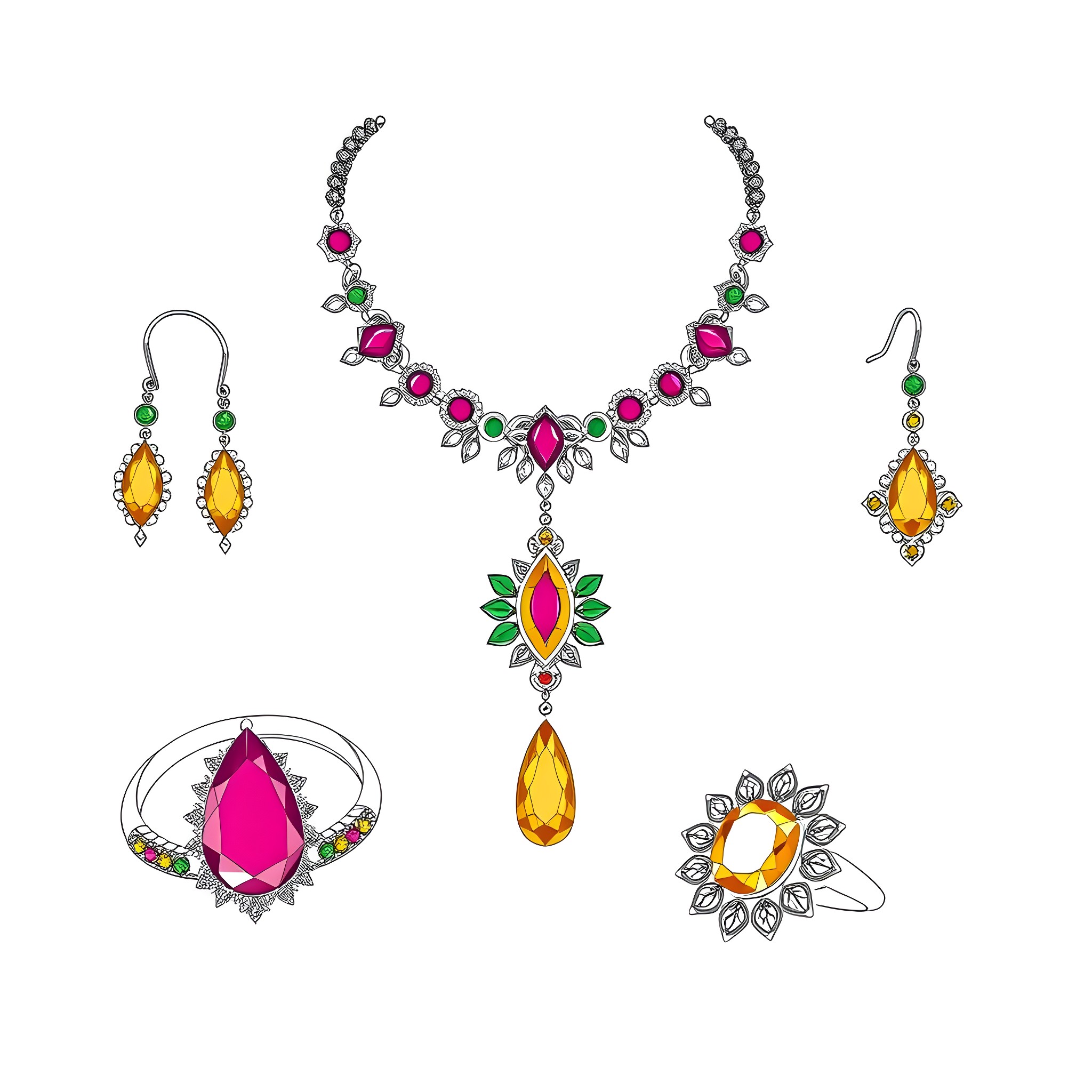 Gemstone Jewelry Accessories with Vibrant Designs Coloring Page (free black-and-white line drawing printable PDF for all, from beginners to advanced learners, including children, teens, adults, and seniors)