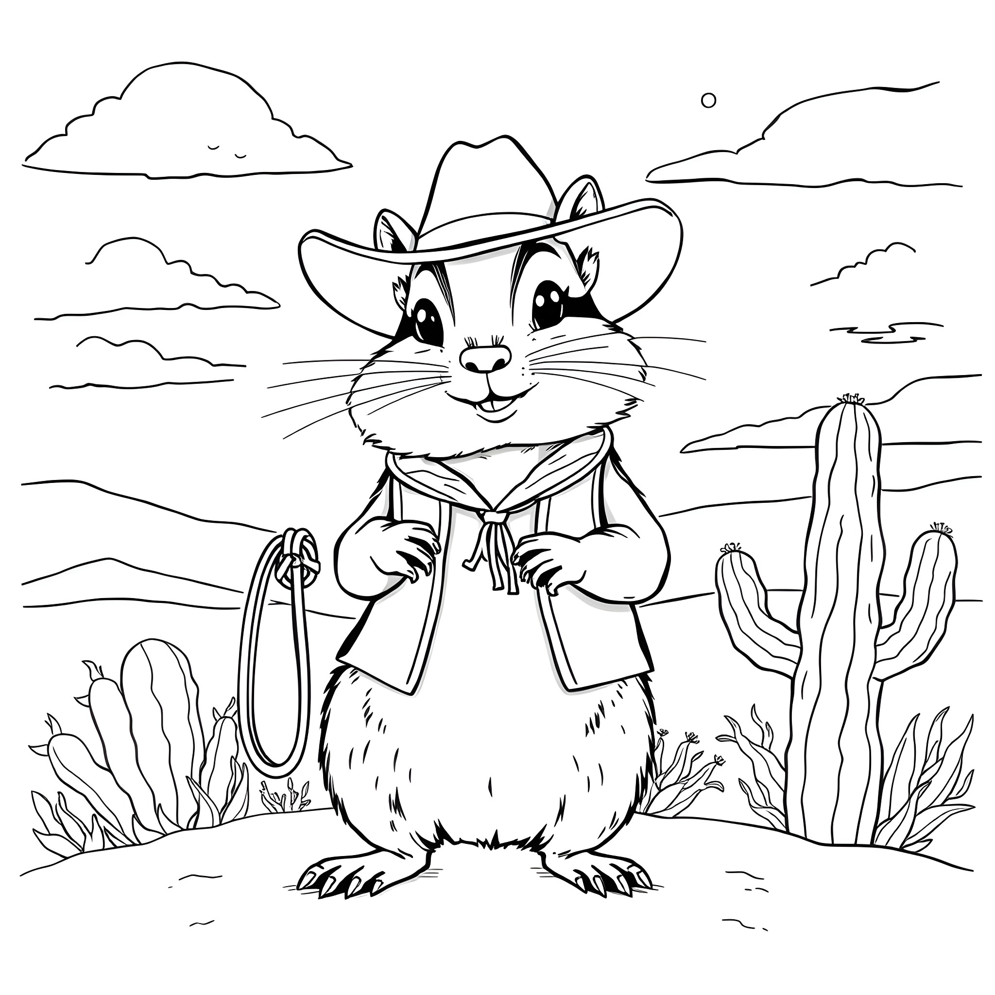 Chipmunk dressed as a cowboy in a desert landscape Coloring Page (free black-and-white line drawing printable PDF for all, from beginners to advanced learners, including children, teens, adults, and seniors)