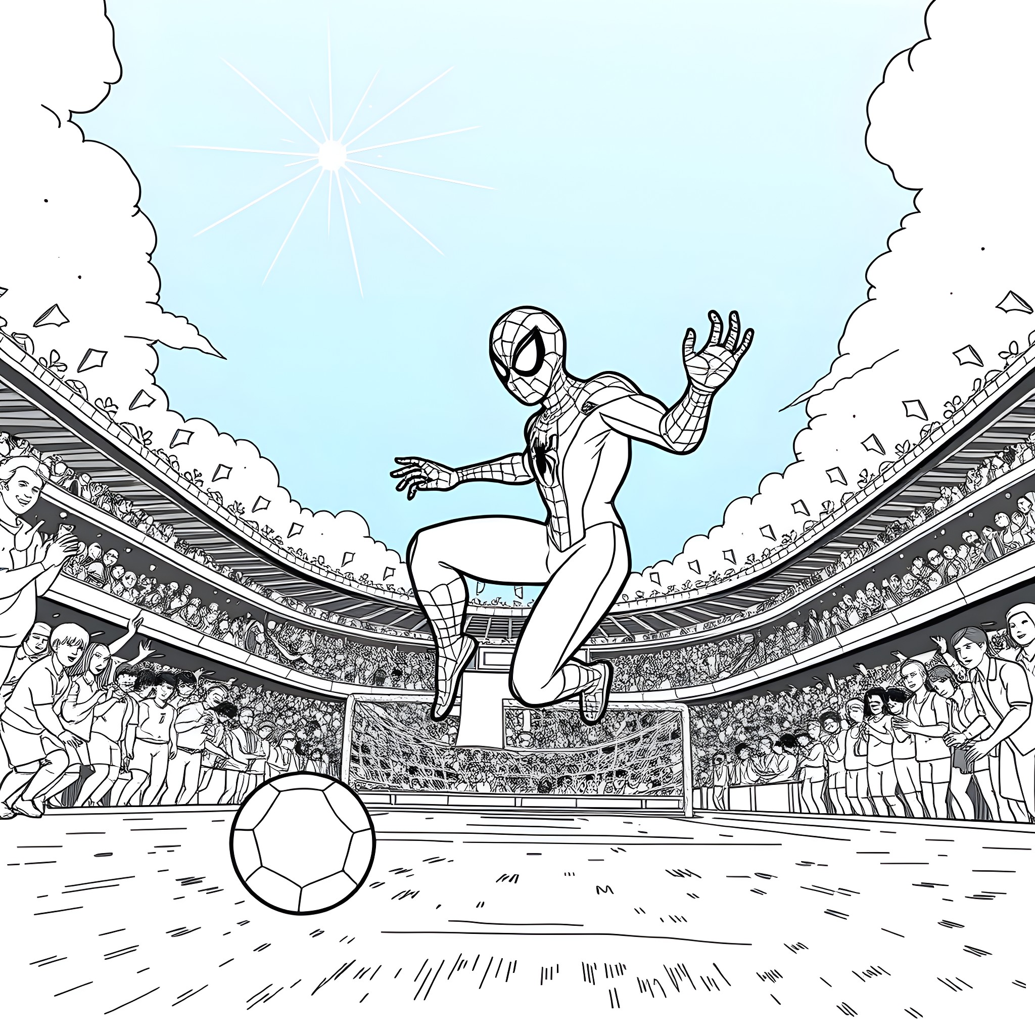 Spidey takes on the soccer challenge in the stadium Coloring Page (free black-and-white line drawing printable PDF for all, from beginners to advanced learners, including children, teens, adults, and seniors)