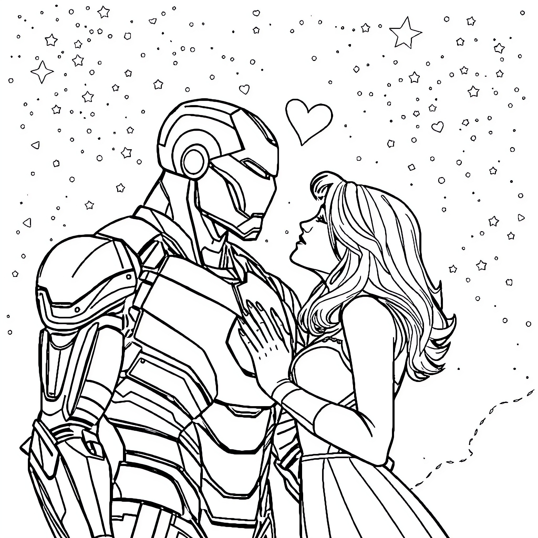 Iron Man's romantic embrace with a woman in the starry night Coloring Page (free black-and-white line drawing printable PDF for all, from beginners to advanced learners, including children, teens, adults, and seniors)