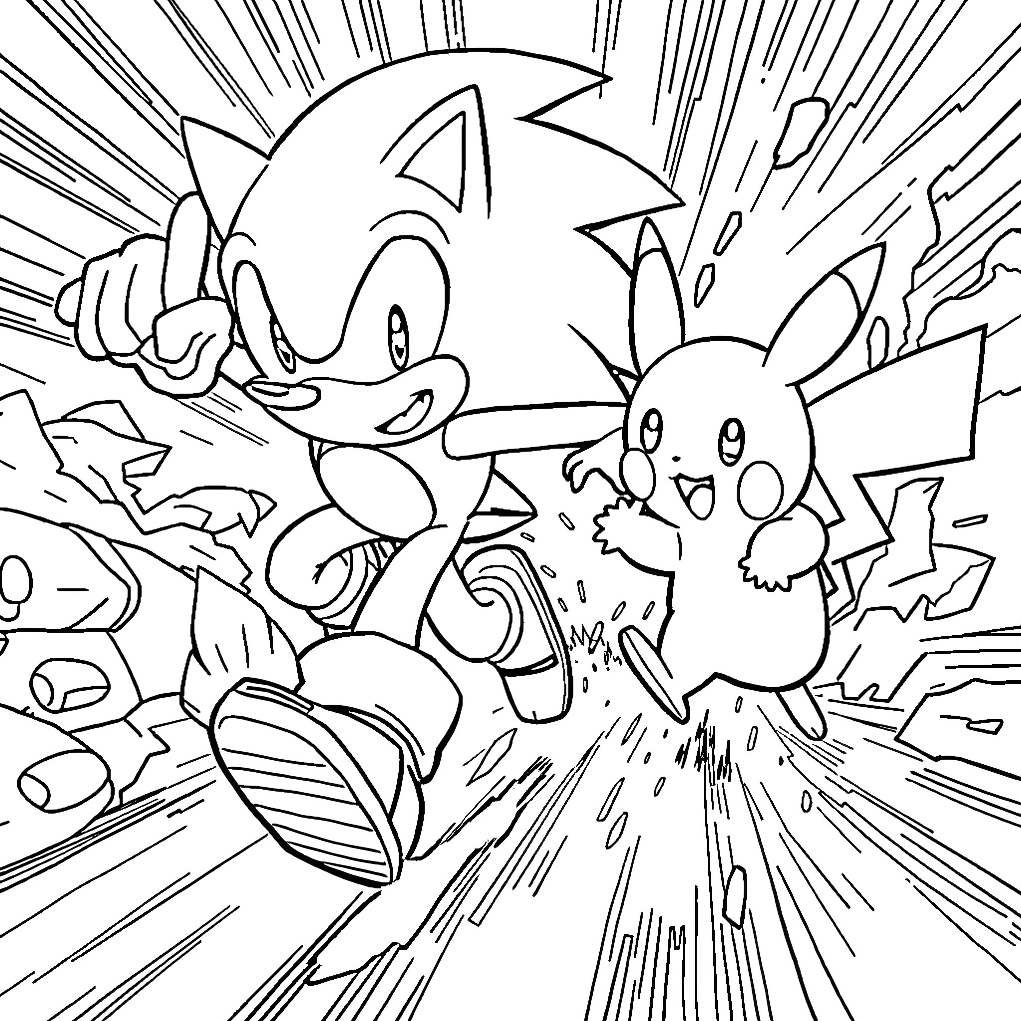 Sonic characters in action-packed scene Coloring Page (free black-and-white line drawing printable PDF for all, from beginners to advanced learners, including children, teens, adults, and seniors)