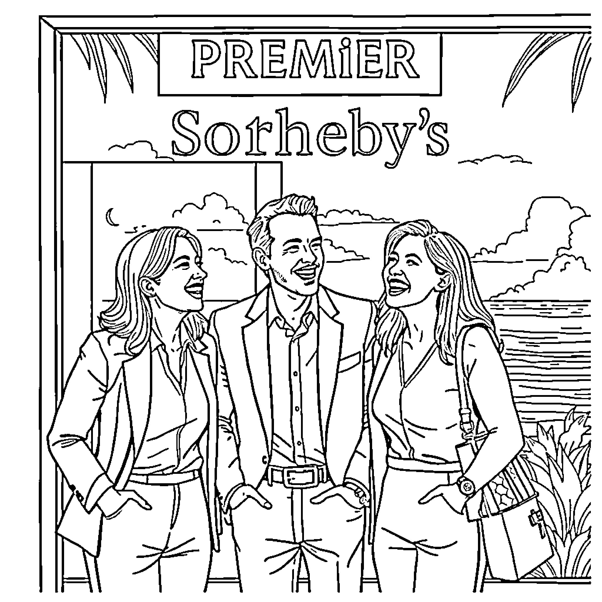 Employees of Premier Sotheby's in formal attire Coloring Page (free black-and-white line drawing printable PDF for all, from beginners to advanced learners, including children, teens, adults, and seniors)
