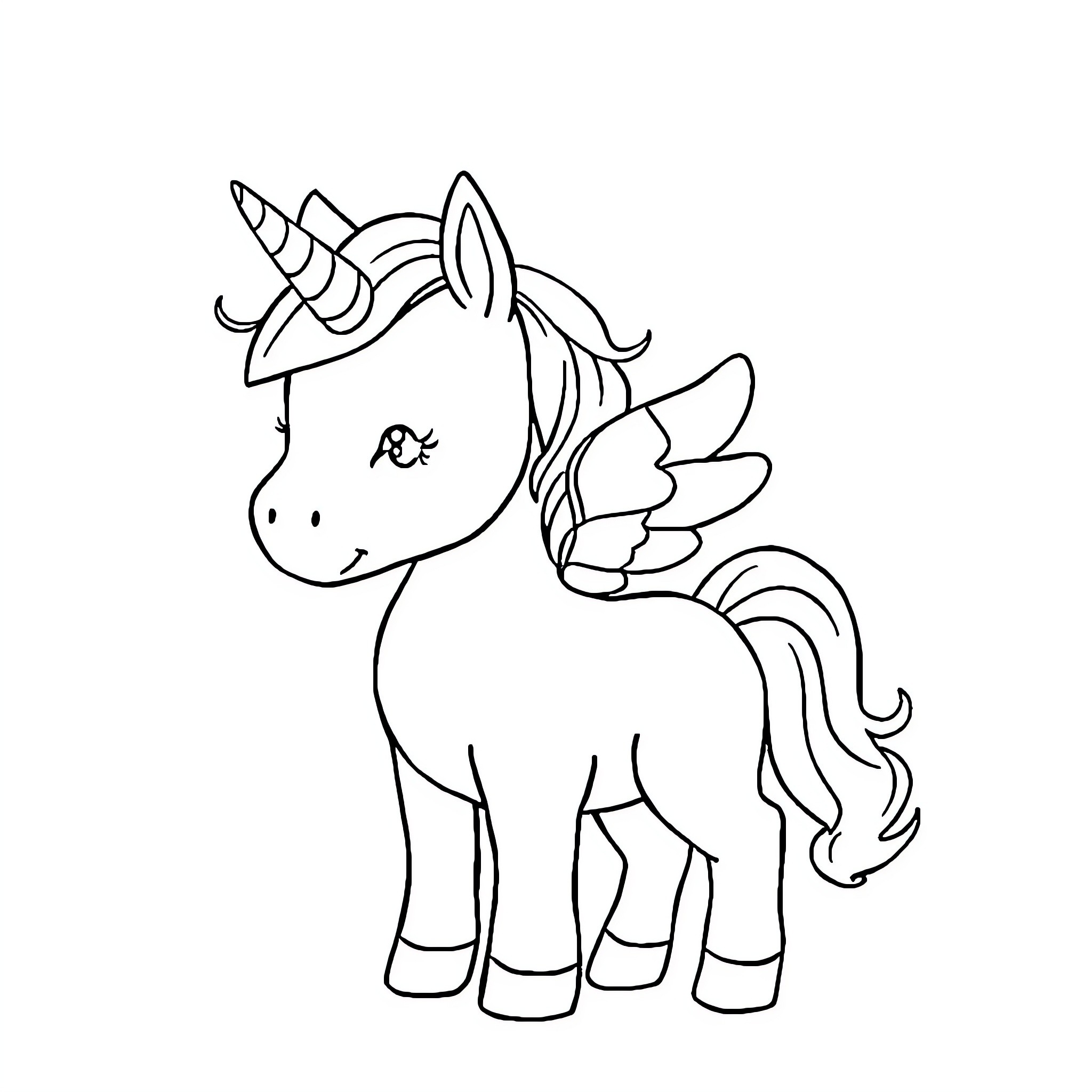 Baby Unicorn with Angel Wings Coloring Page (free black-and-white line drawing printable PDF for all, from beginners to advanced learners, including children, teens, adults, and seniors)