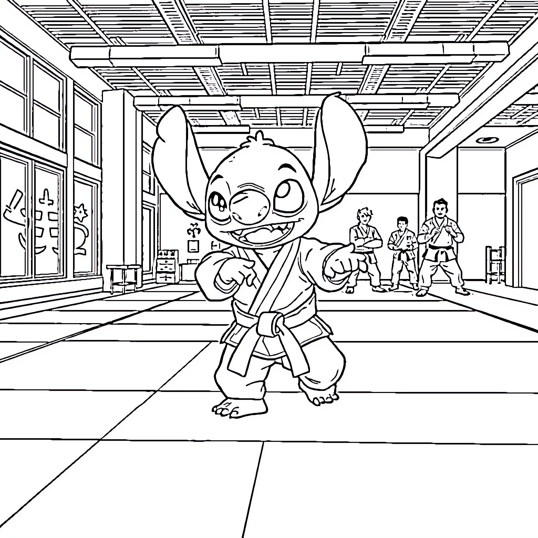 Stitch Martial Arts Practice in Dojo Coloring Page (free black-and-white line drawing printable PDF for all, from beginners to advanced learners, including children, teens, adults, and seniors)