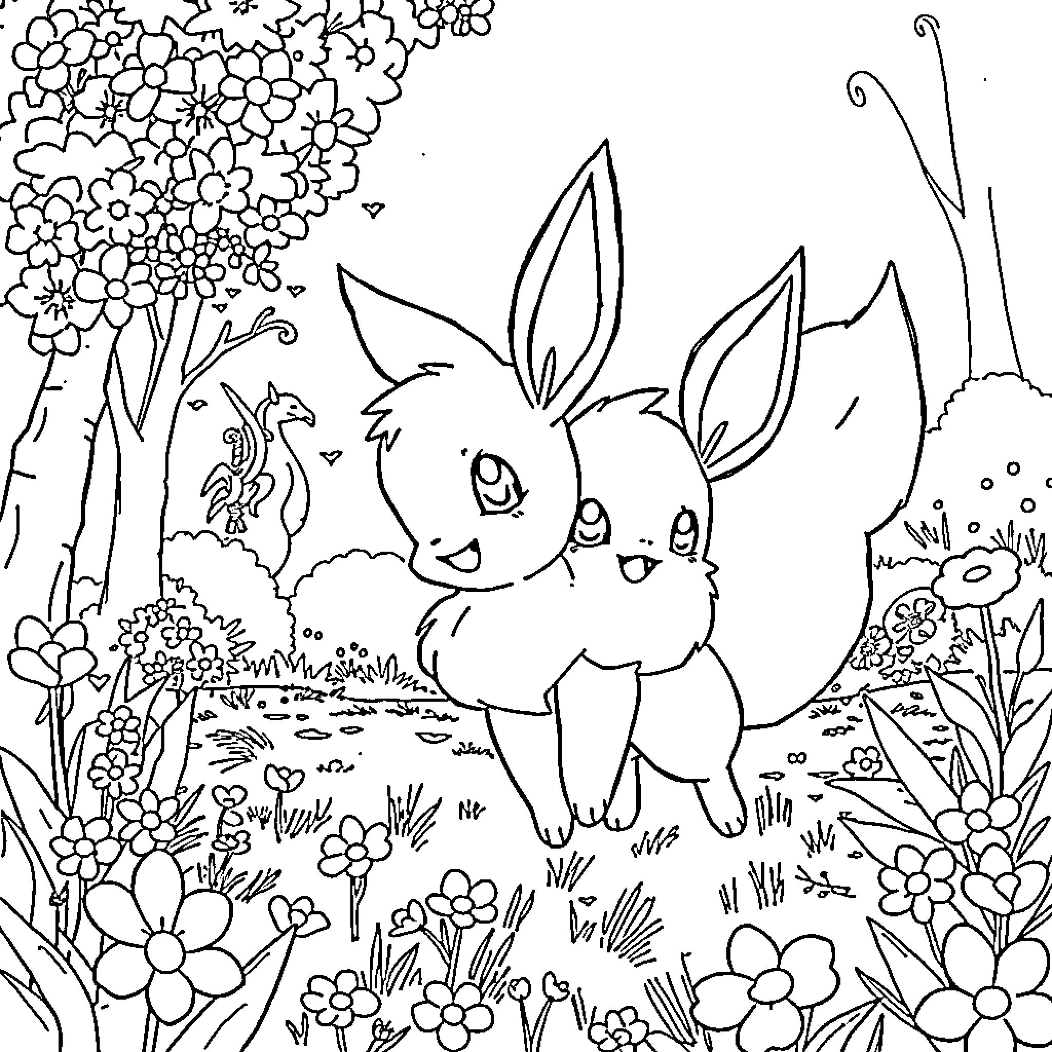 Eevee playing joyfully in a floral meadow Coloring Page (free black-and-white line drawing printable PDF for all, from beginners to advanced learners, including children, teens, adults, and seniors)