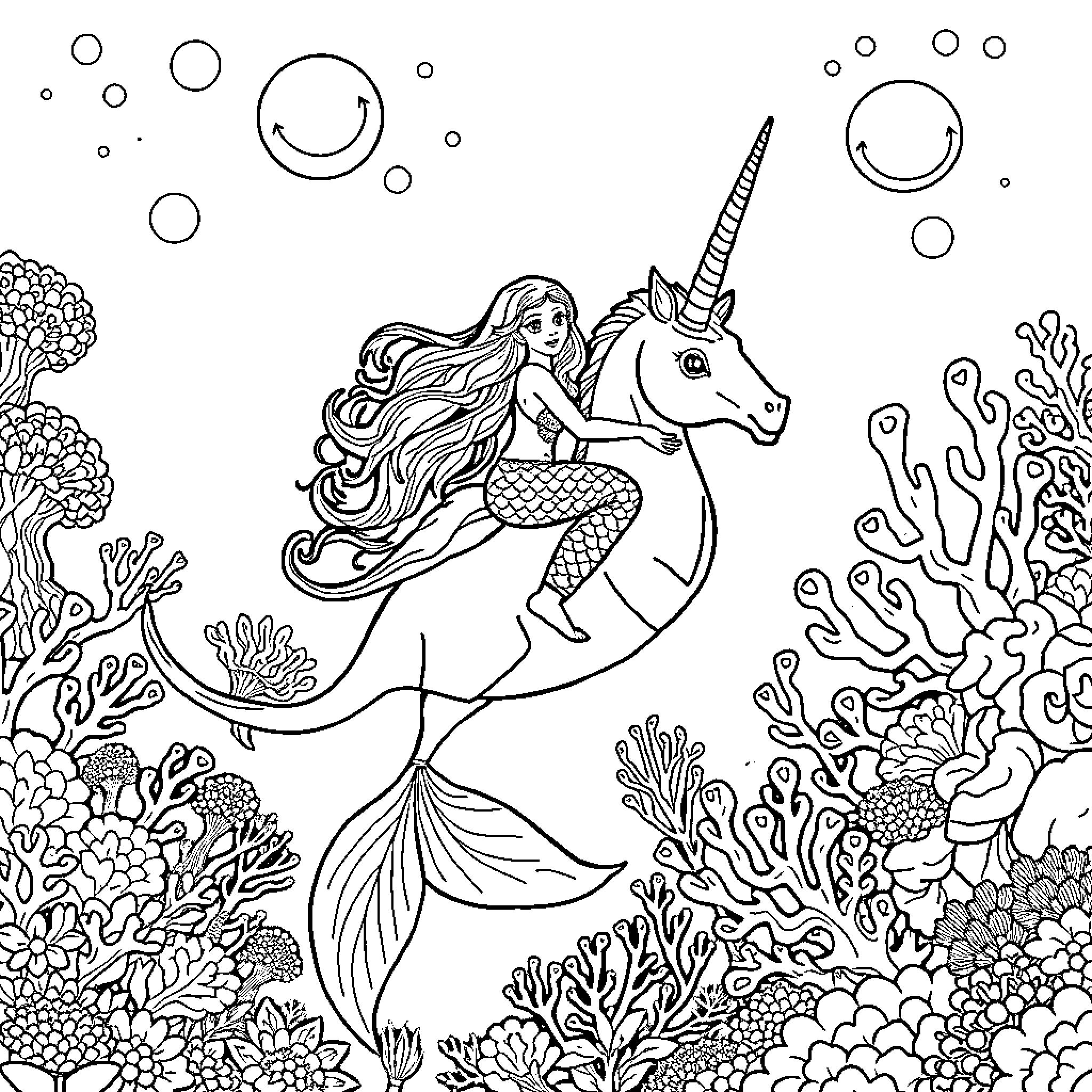 Mermaid riding magical unicorn in underwater coral garden Coloring Page (free black-and-white line drawing printable PDF for all, from beginners to advanced learners, including children, teens, adults, and seniors)