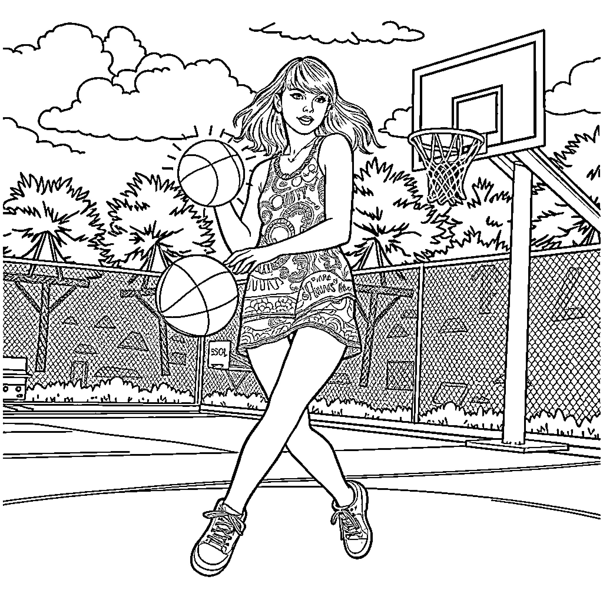 Taylor Swift playing basketball on outdoor court Coloring Page (free black-and-white line drawing printable PDF for all, from beginners to advanced learners, including children, teens, adults, and seniors)