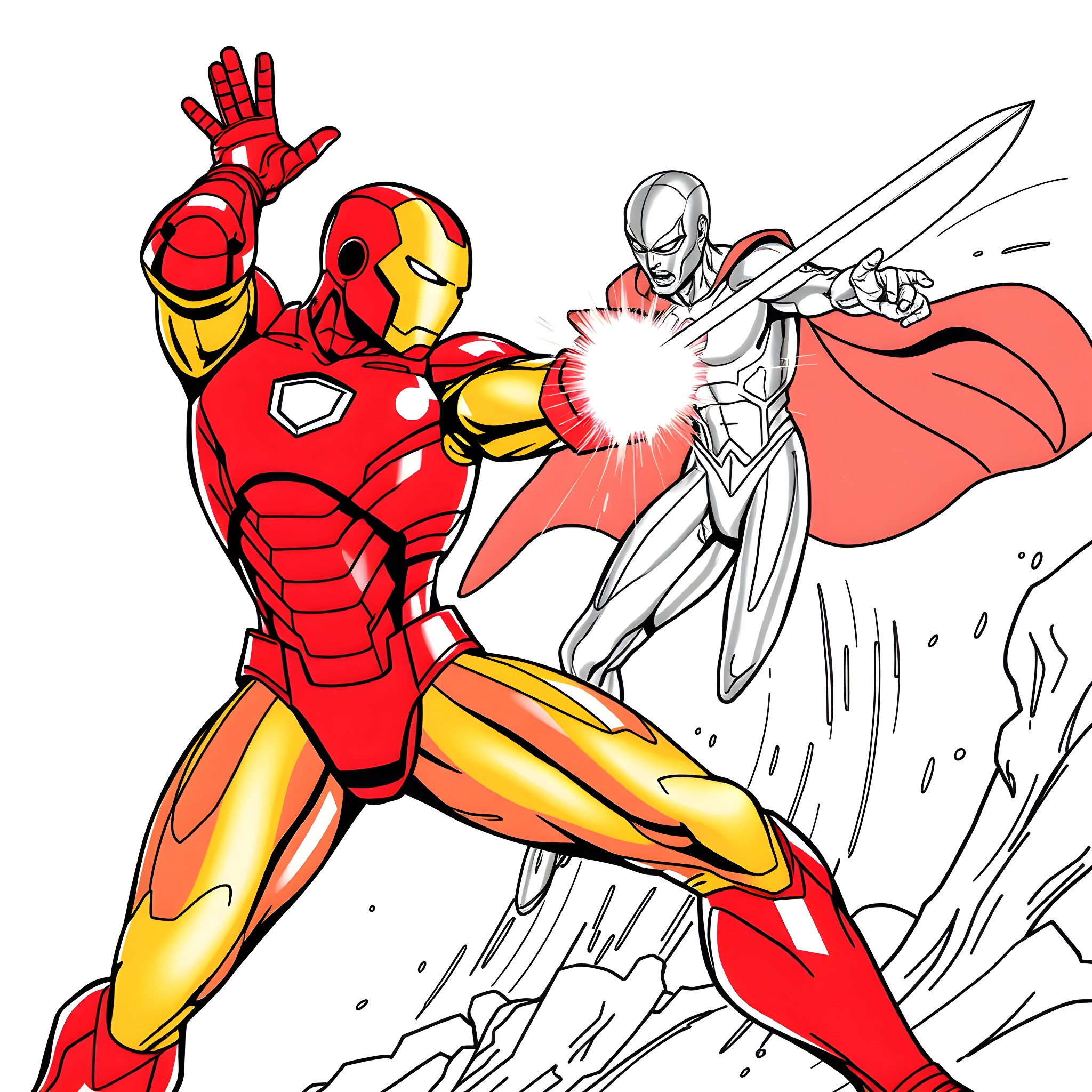 Iron Man's Heroic Battle with a Powerful Foe Coloring Page (free black-and-white line drawing printable PDF for all, from beginners to advanced learners, including children, teens, adults, and seniors)