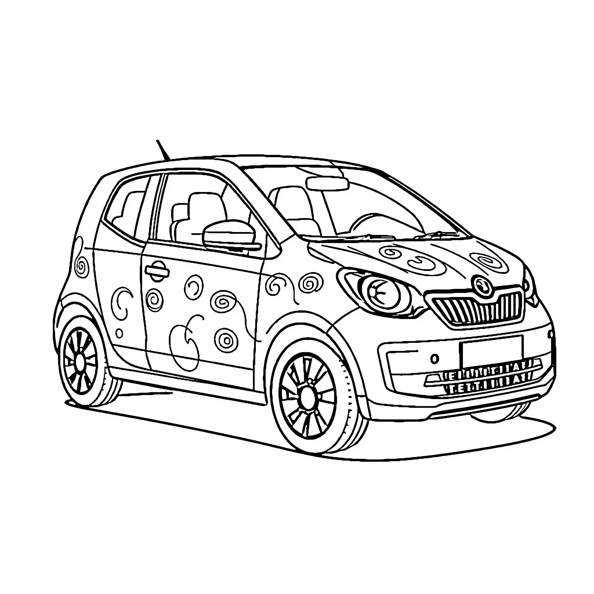 Skoda compact car with playful design Coloring Page (free black-and-white line drawing printable PDF for all, from beginners to advanced learners, including children, teens, adults, and seniors)