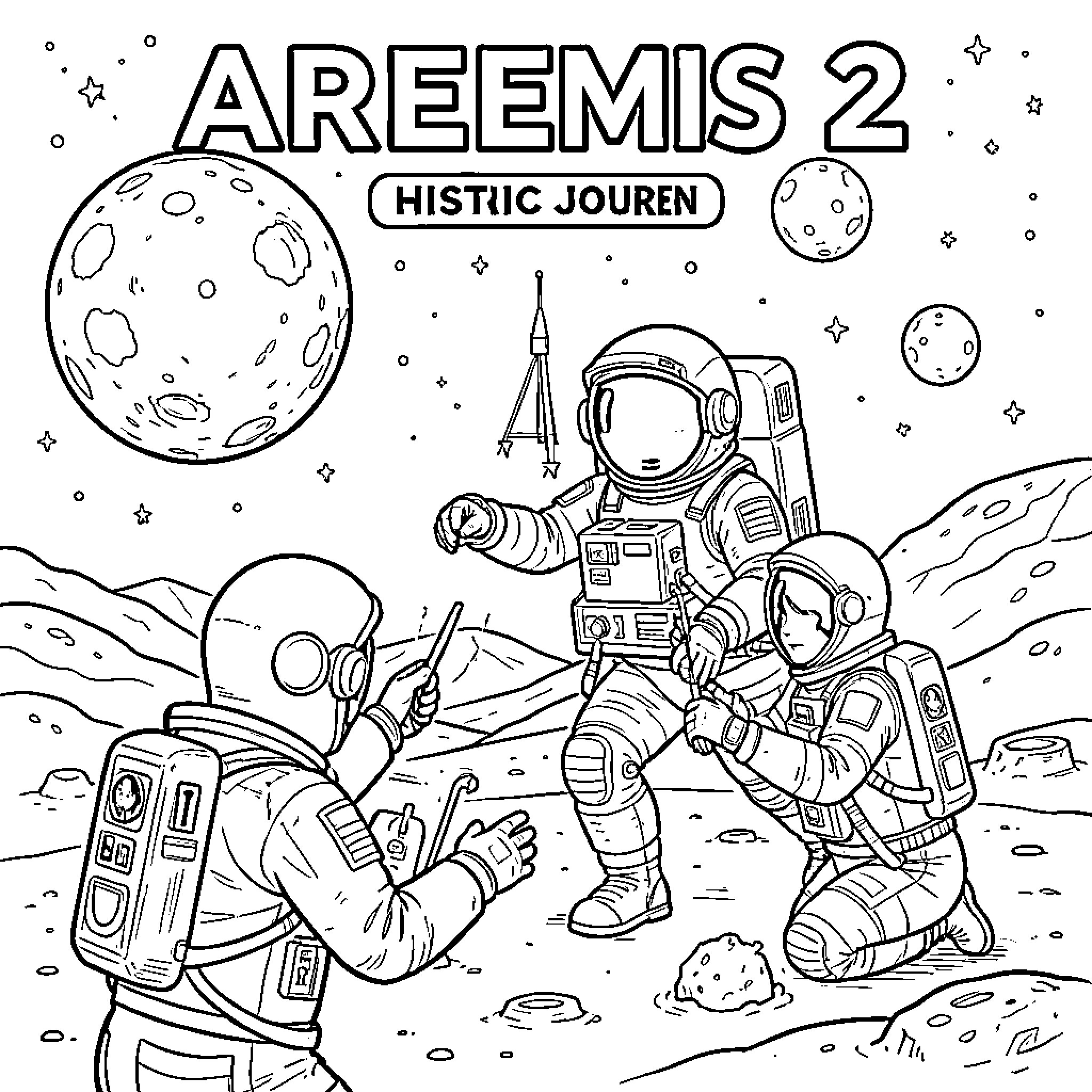 Artemis 2: Astronauts Exploring Lunar Surface Coloring Page (free black-and-white line drawing printable PDF for all, from beginners to advanced learners, including children, teens, adults, and seniors)