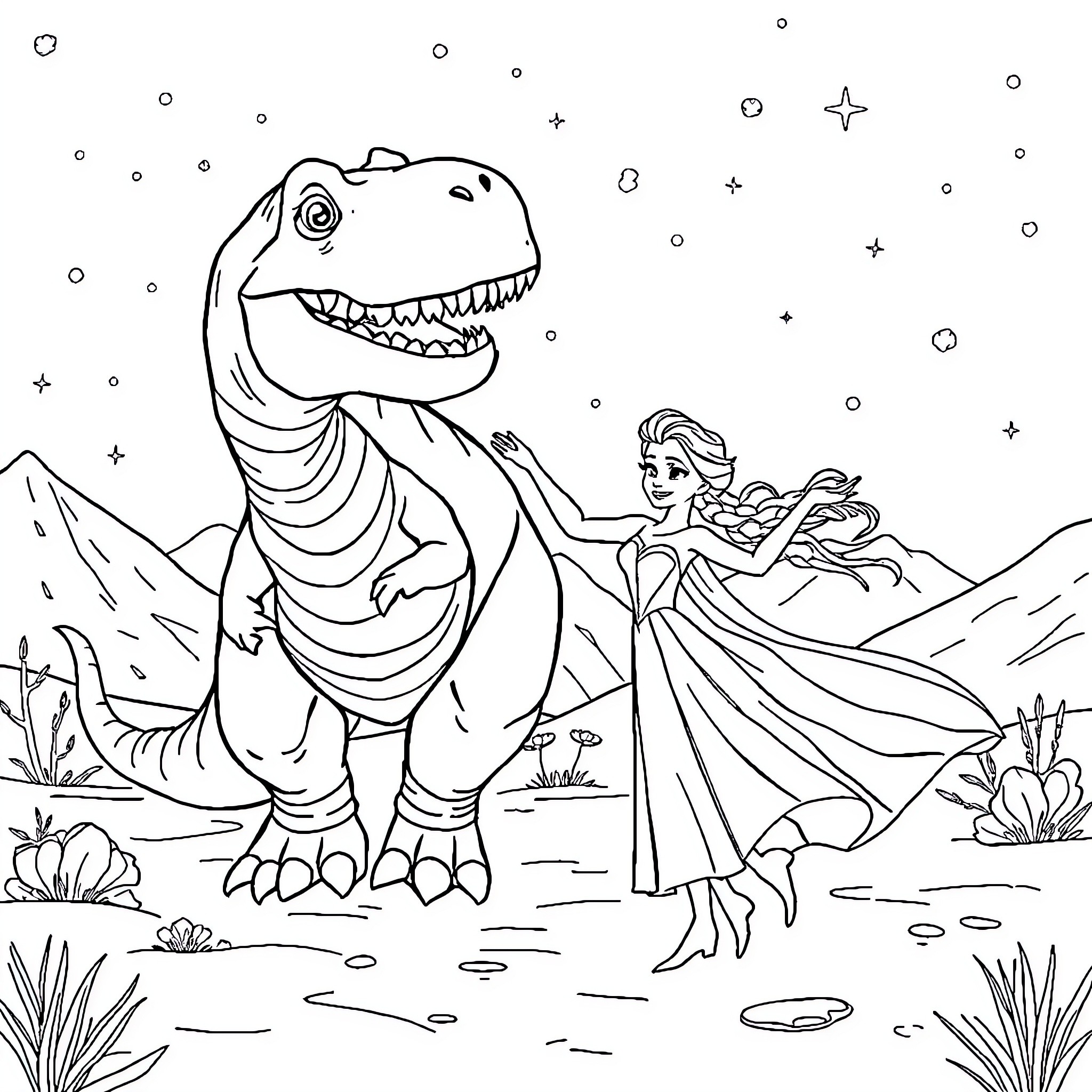 Elsa's Enchanting Encounter with the Dinosaur Coloring Page (free black-and-white line drawing printable PDF for all, from beginners to advanced learners, including children, teens, adults, and seniors)