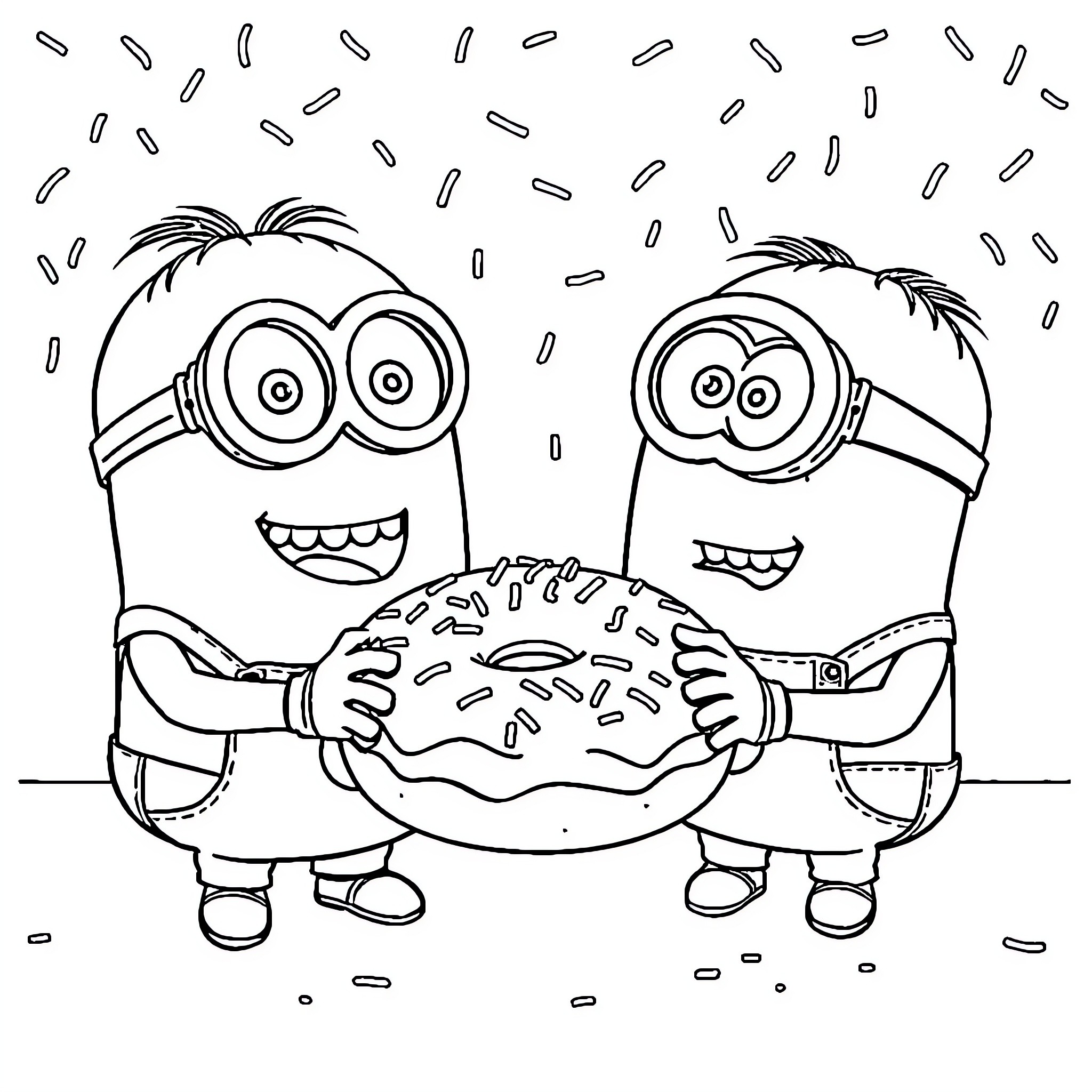 Minions enjoying a tasty burger Coloring Page (free black-and-white line drawing printable PDF for all, from beginners to advanced learners, including children, teens, adults, and seniors)