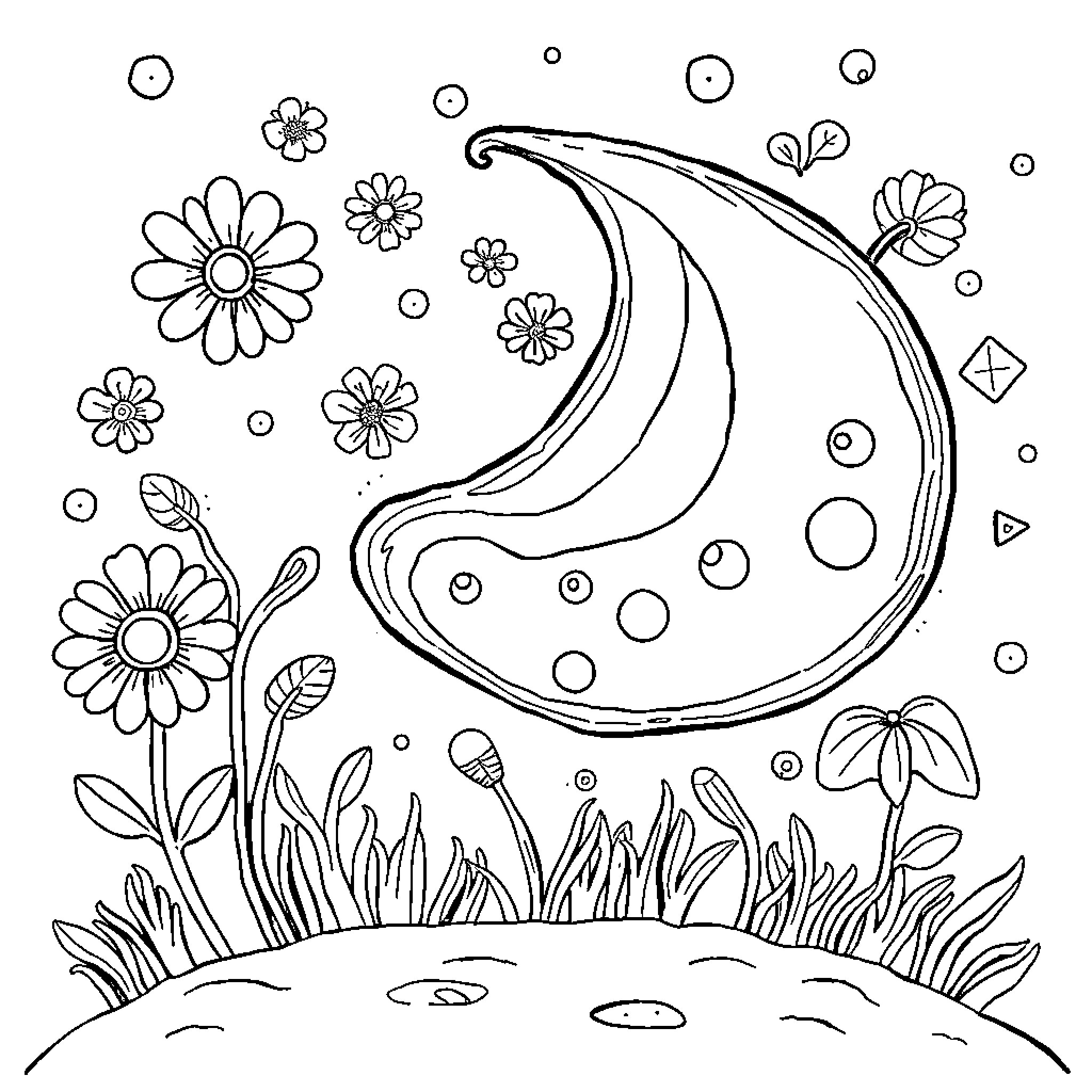 Creativity in the Whimsical Moonlit Garden Coloring Page (free black-and-white line drawing printable PDF for all, from beginners to advanced learners, including children, teens, adults, and seniors)