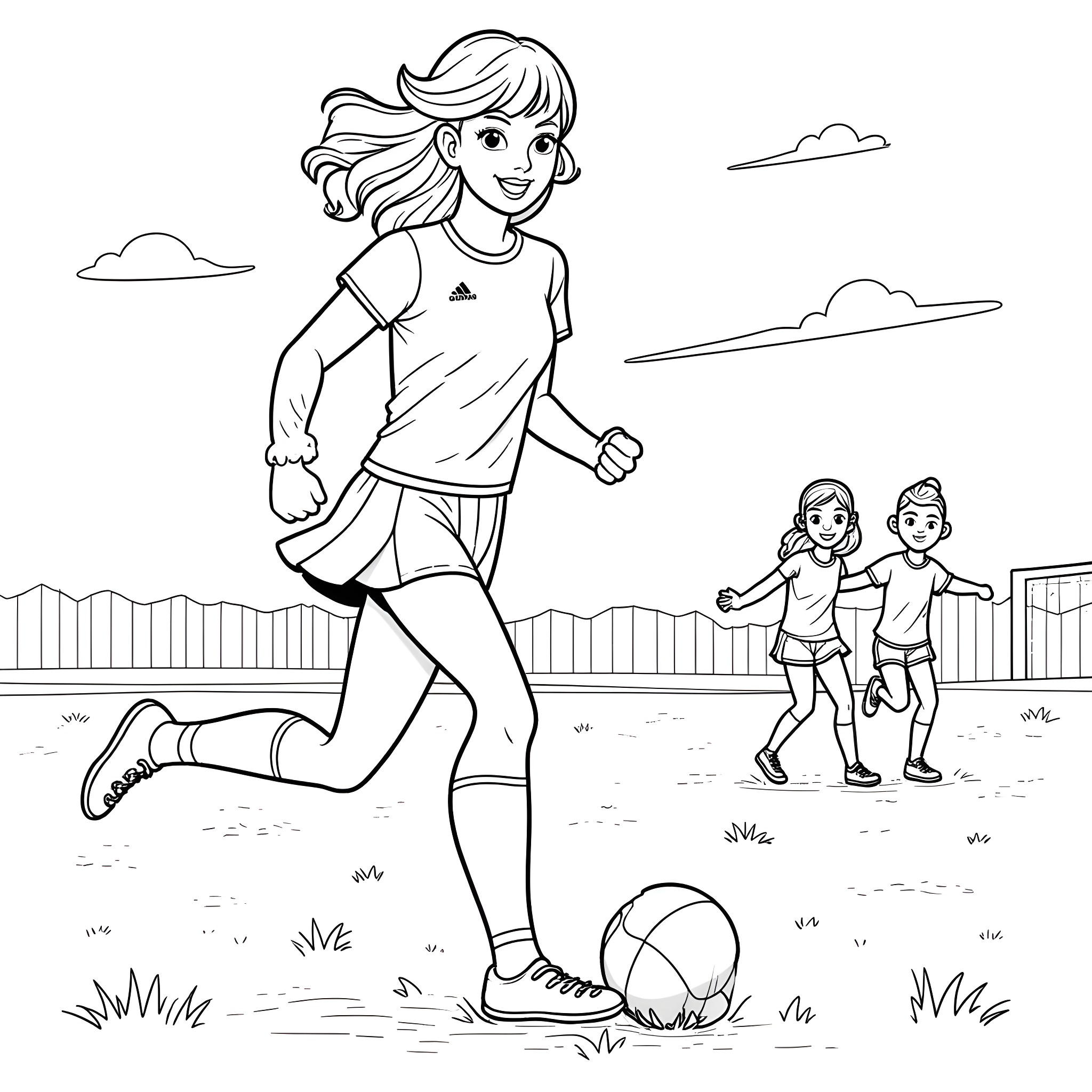 Taylor Swift kicking a soccer ball with children playing in the background Coloring Page (free black-and-white line drawing printable PDF for all, from beginners to advanced learners, including children, teens, adults, and seniors)